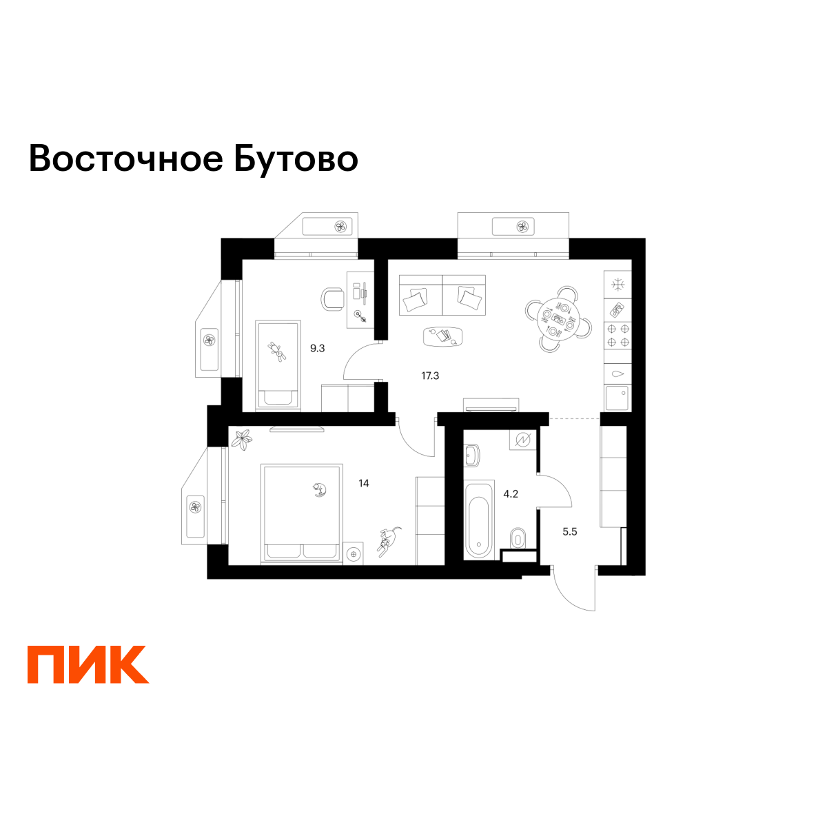 2-комнатная, 50.3 м2, Восточное Бутово