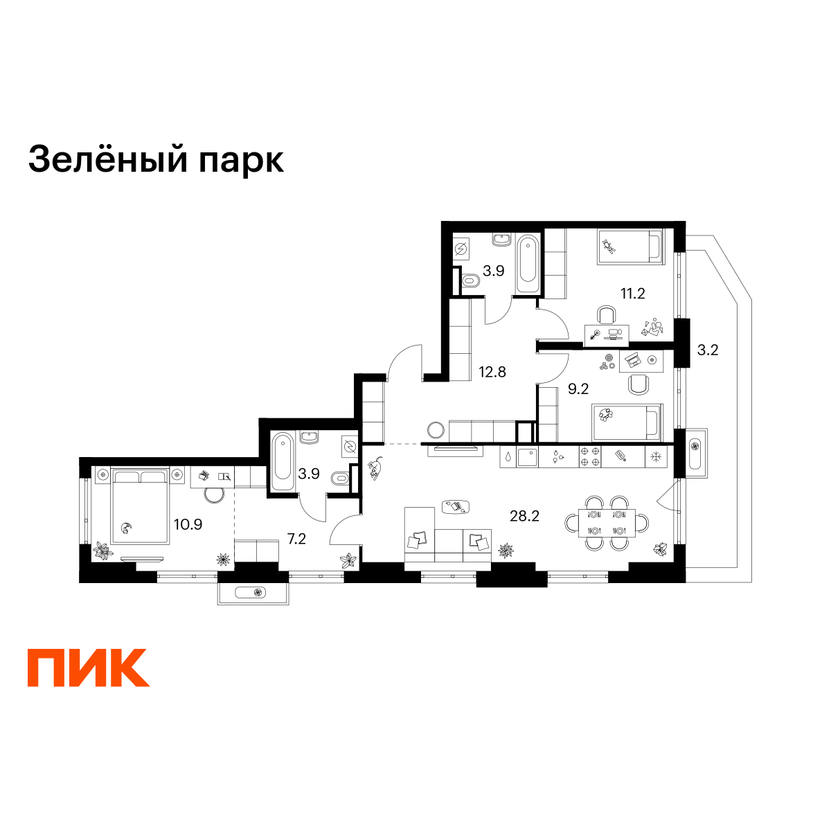 3-комнатная квартира, 90.5 кв.м, Зелёный Парк