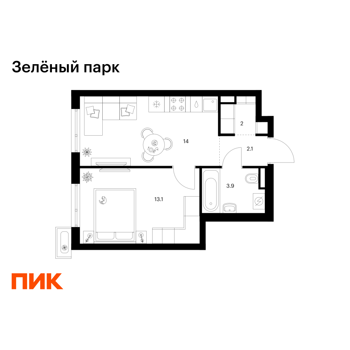 1-комнатная, 35.1 м2, Зелёный Парк 1-комнатная, 35.1 м2, Зелёный Парк