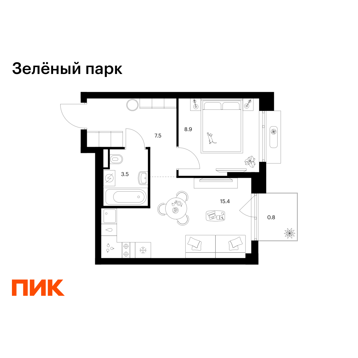 1-комнатная, 36.1 м2, Зелёный Парк