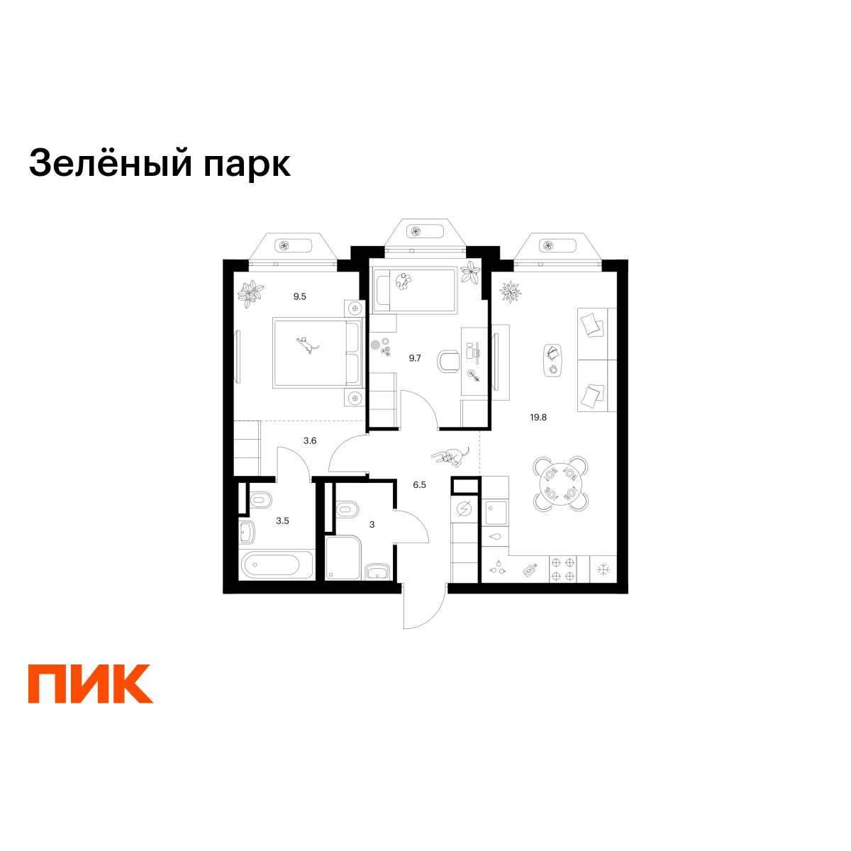 2-комнатная, 55.6 м2, Зелёный Парк 2-комнатная, 55.6 м2, Зелёный Парк