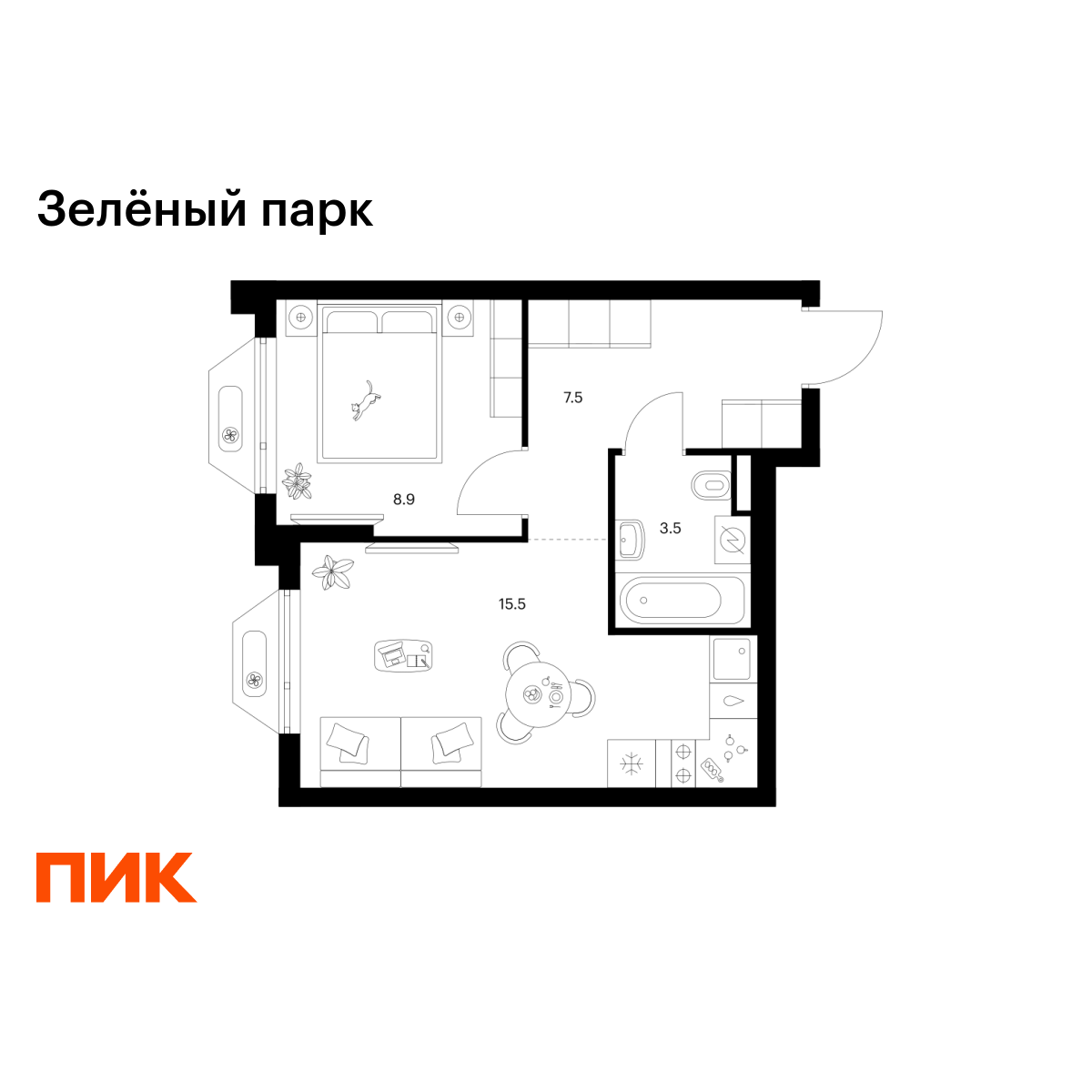 1-комнатная, 35.4 м2, Зелёный Парк 1-комнатная, 35.4 м2, Зелёный Парк
