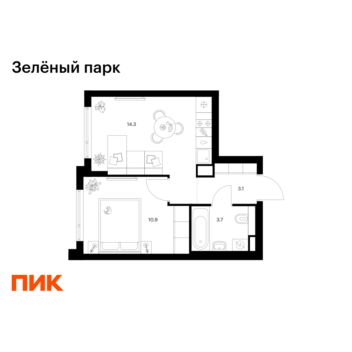 1-комнатная, 32 м2, Зелёный Парк 1-комнатная, 32 м2, Зелёный Парк