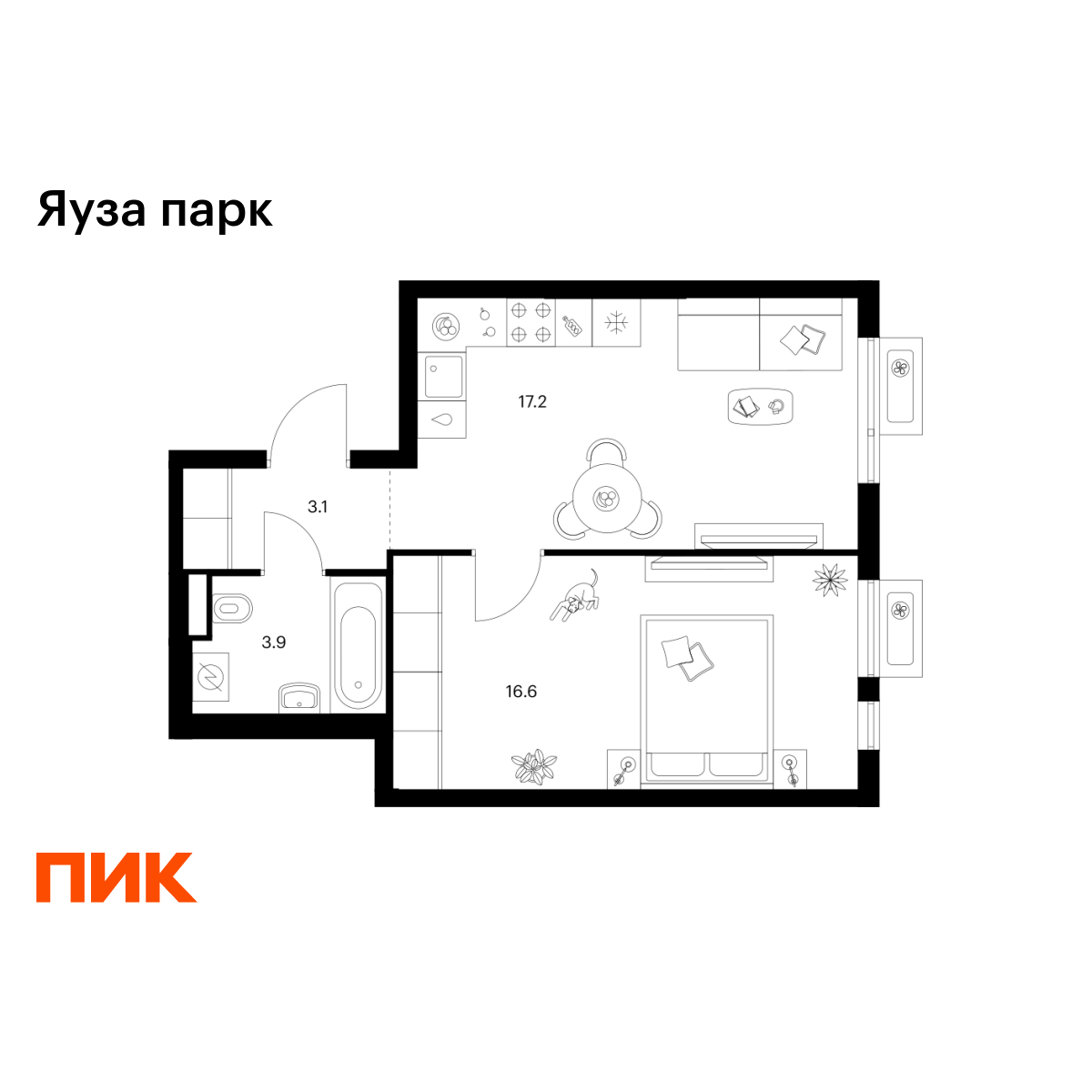 1-комнатная квартира, 40.8 кв.м, Яуза парк
