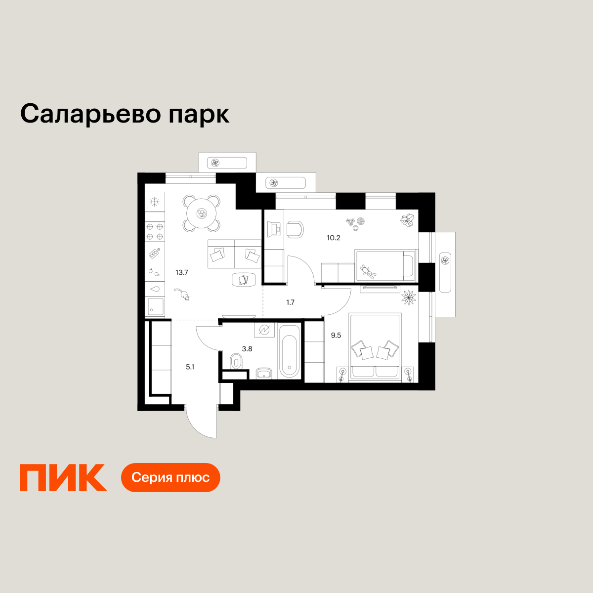 2-комнатная, 44 м2, Саларьево парк
