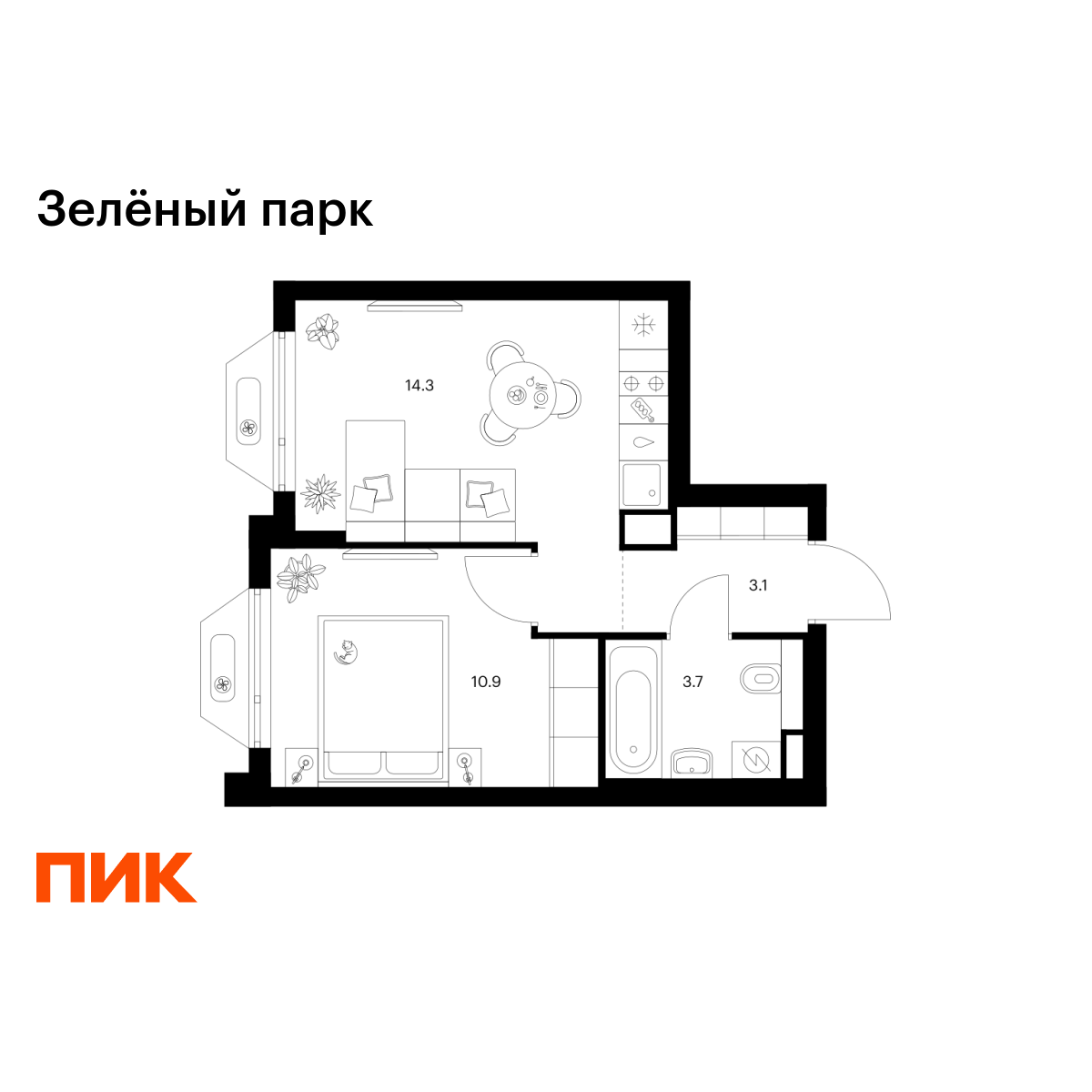 1-комнатная, 32 м2, Зелёный Парк