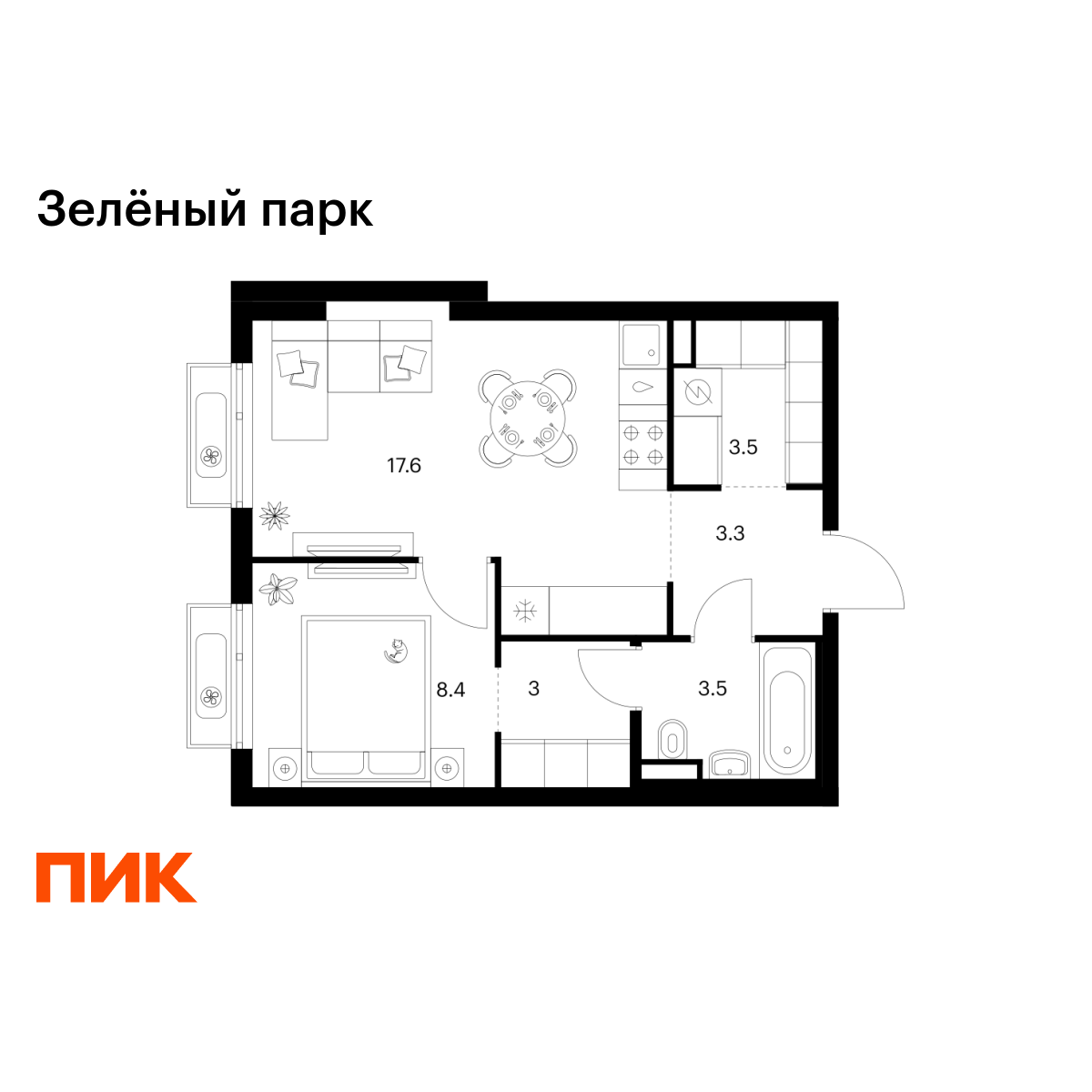 1-комнатная, 39.3 м2, Зелёный Парк 1-комнатная, 39.3 м2, Зелёный Парк