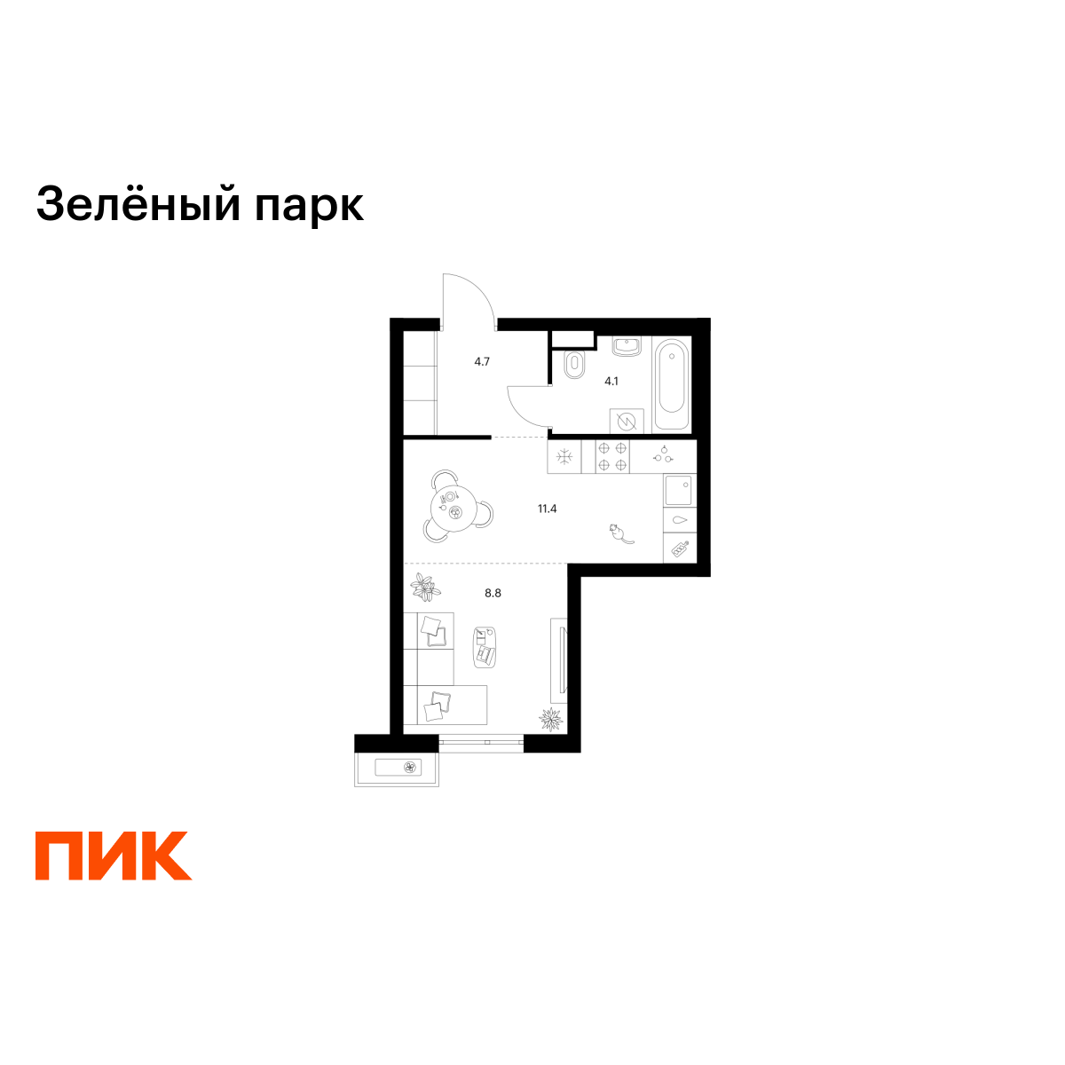 студия, 29 м2, Зелёный Парк студия, 29 м2, Зелёный Парк
