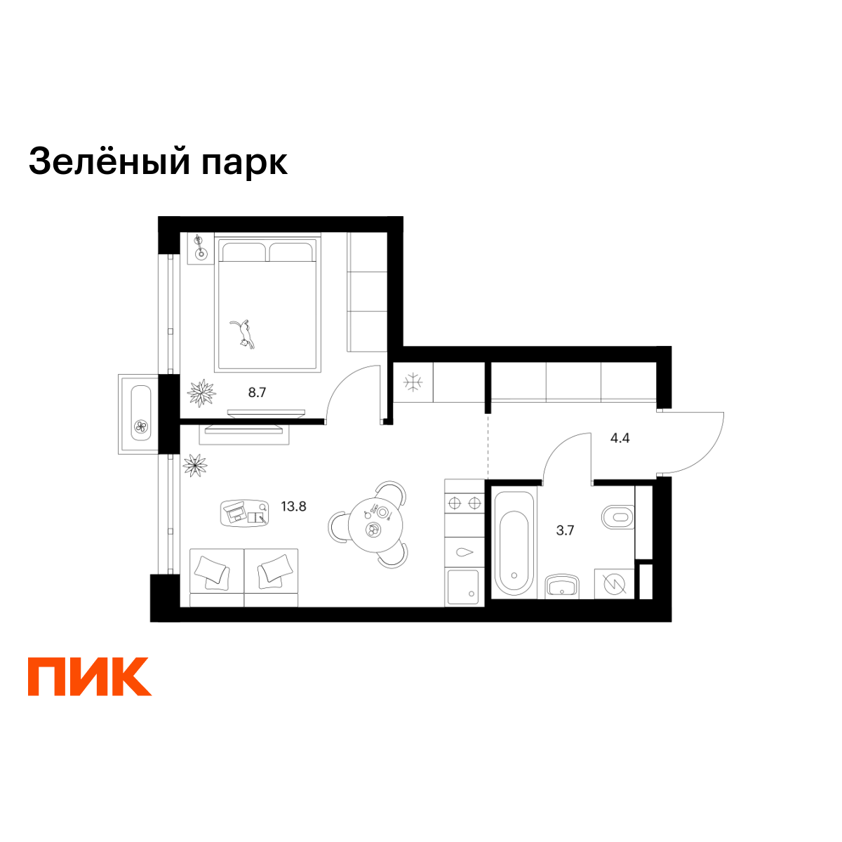 1-комнатная, 30.6 м2, Зелёный Парк