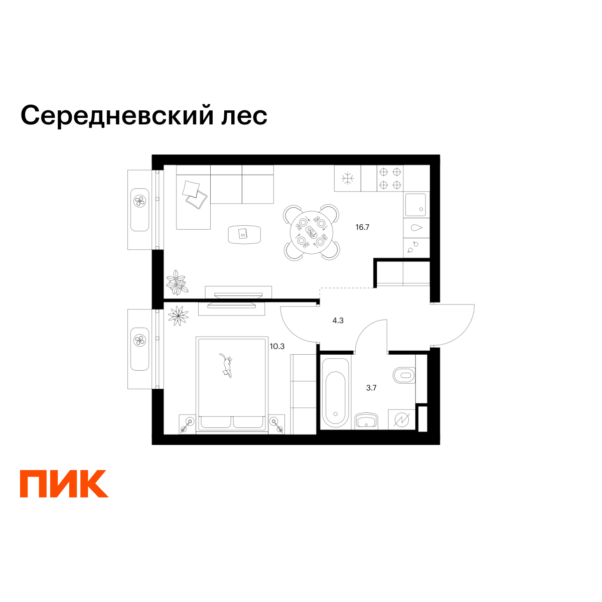 1-комнатная, 35 м2, Середневский лес 1-комнатная, 35 м2, Середневский лес