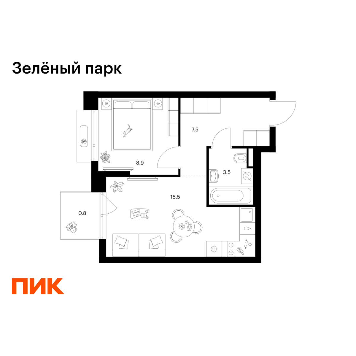 1-комнатная, 36.2 м2, Зелёный Парк 1-комнатная, 36.2 м2, Зелёный Парк