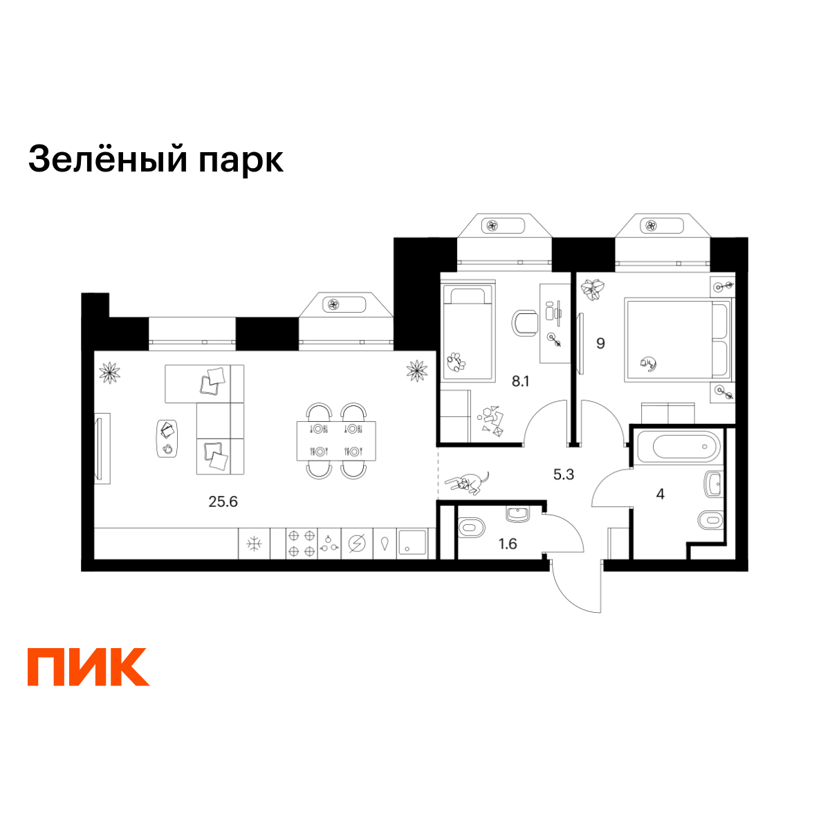 2-комнатная, 53.6 м2, Зелёный Парк 2-комнатная, 53.6 м2, Зелёный Парк