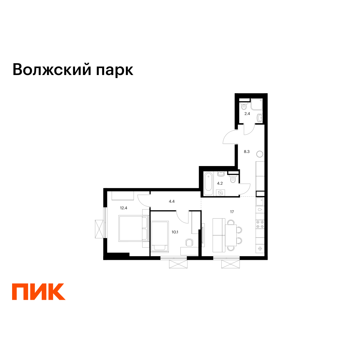 2-комнатная, 58.8 м2, Волжский парк 2-комнатная, 58.8 м2, Волжский парк