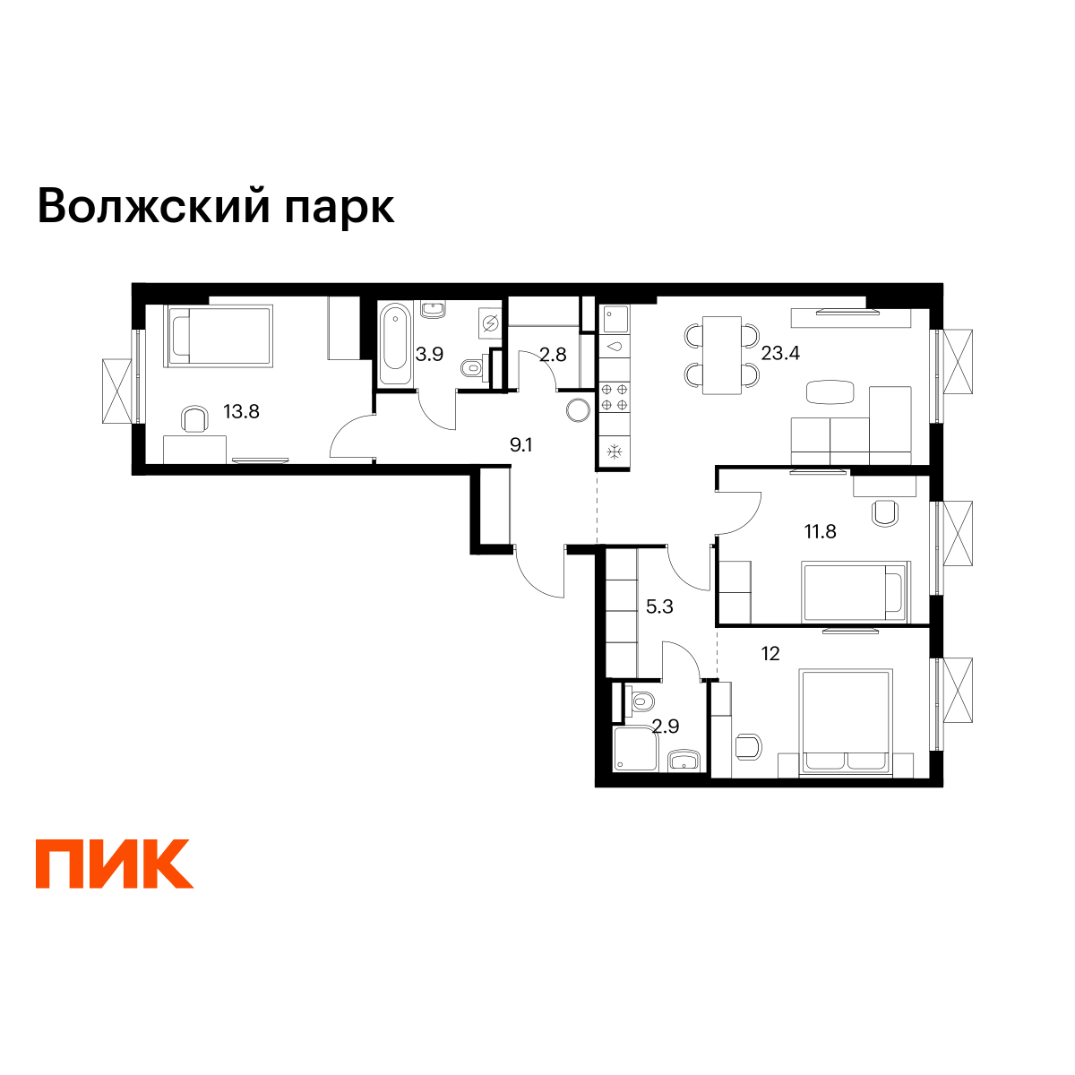 3-комнатная, 85 м2, Волжский парк 3-комнатная, 85 м2, Волжский парк