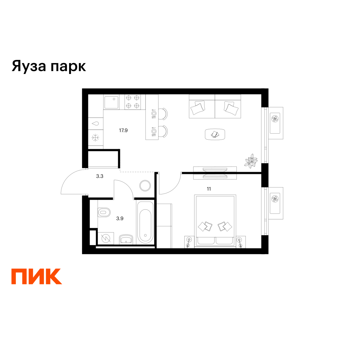 1-комнатная квартира, 36.1 кв.м, Яуза парк