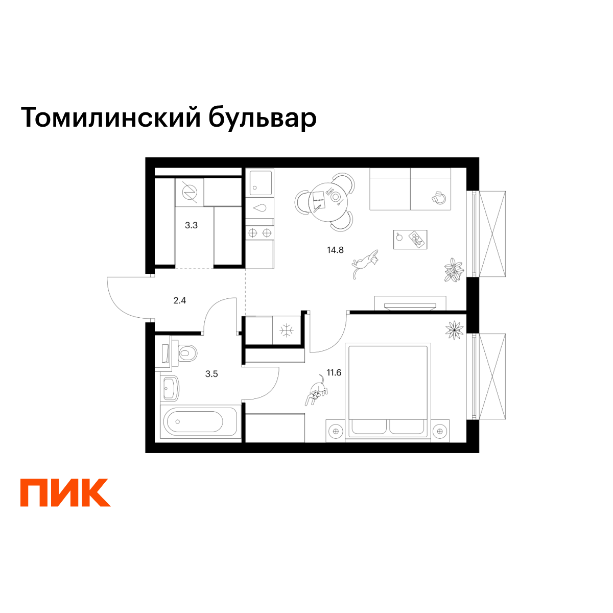 1-комнатная квартира, 35.6 кв.м, Томилинский бульвар 1-комнатная квартира, 35.6 кв.м, Томилинский бульвар