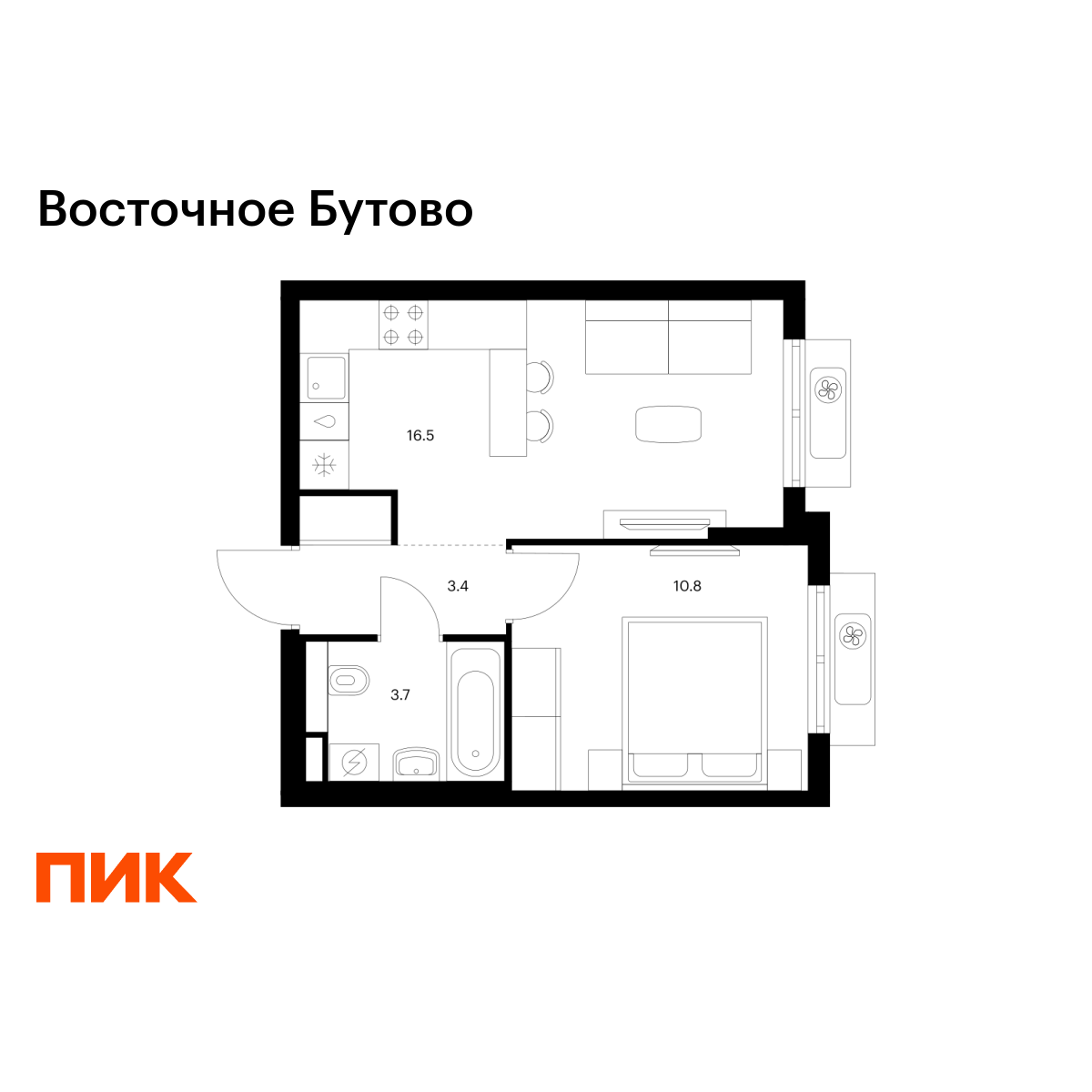 1-комнатная квартира, 34.4 кв.м, Восточное Бутово 1-комнатная квартира, 34.4 кв.м, Восточное Бутово