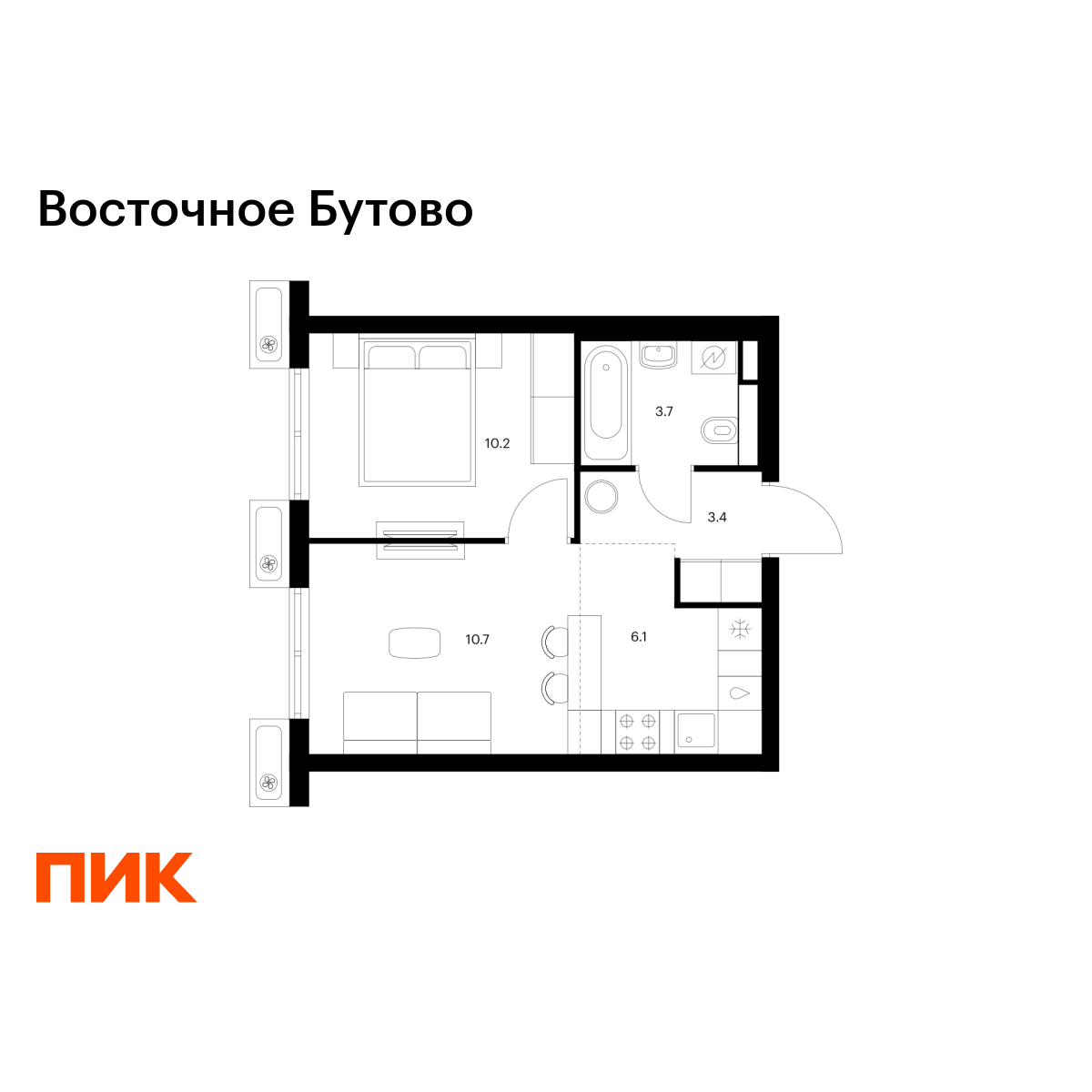 1-комнатная квартира, 34.1 кв.м, Восточное Бутово