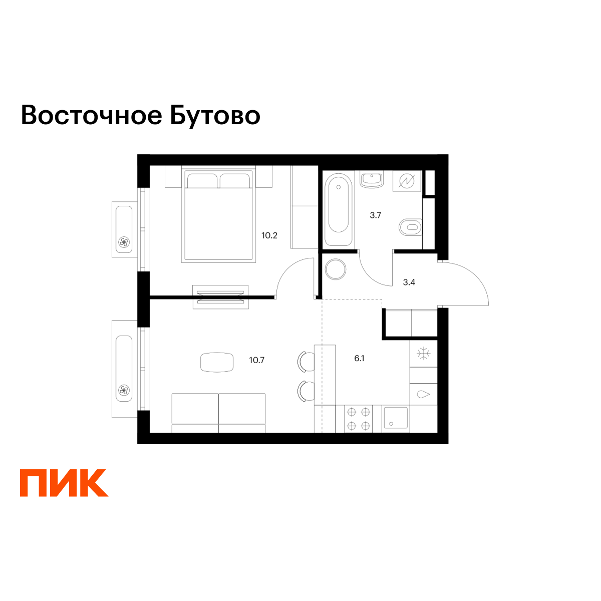 1-комнатная квартира, 34.1 кв.м, Восточное Бутово