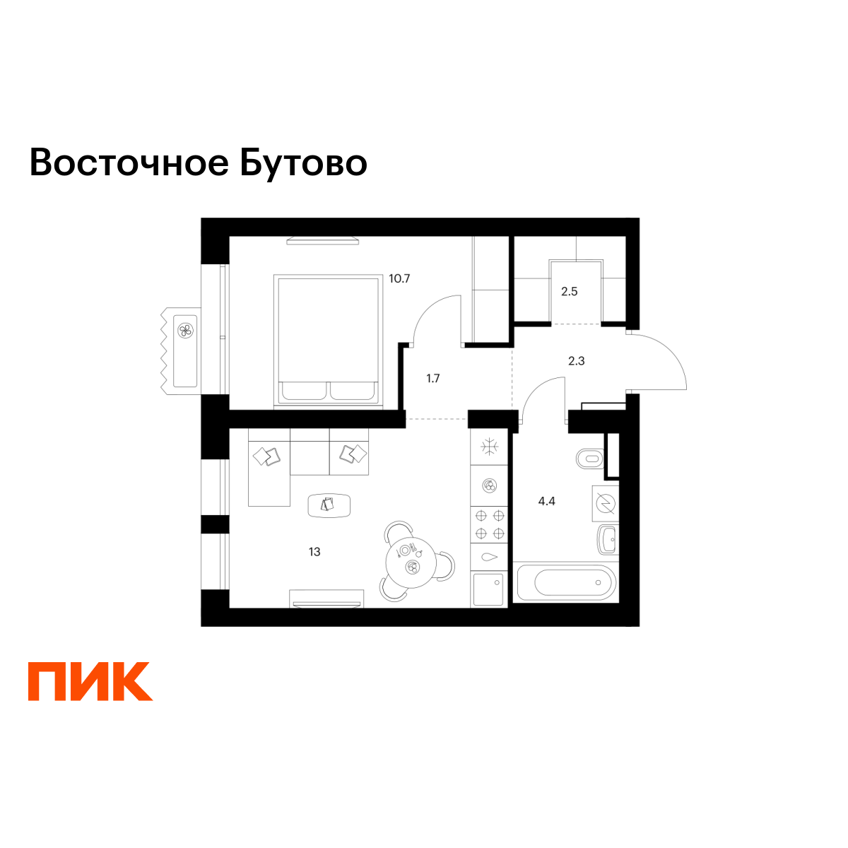 1-комнатная квартира, 34.6 кв.м, Восточное Бутово