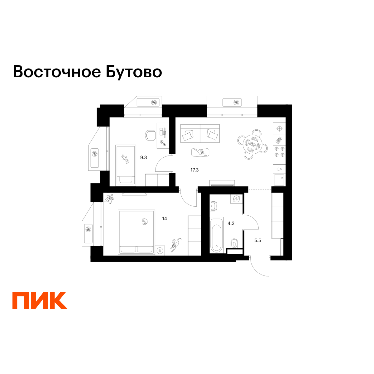 2-комнатная квартира, 50.3 кв.м, Восточное Бутово