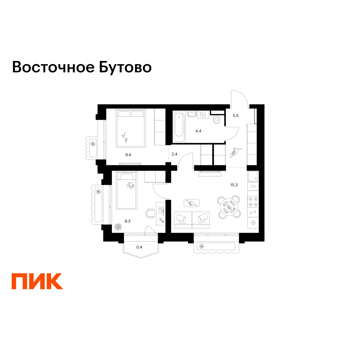 2-комнатная квартира, 46.7 кв.м, Восточное Бутово 2-комнатная квартира, 46.7 кв.м, Восточное Бутово