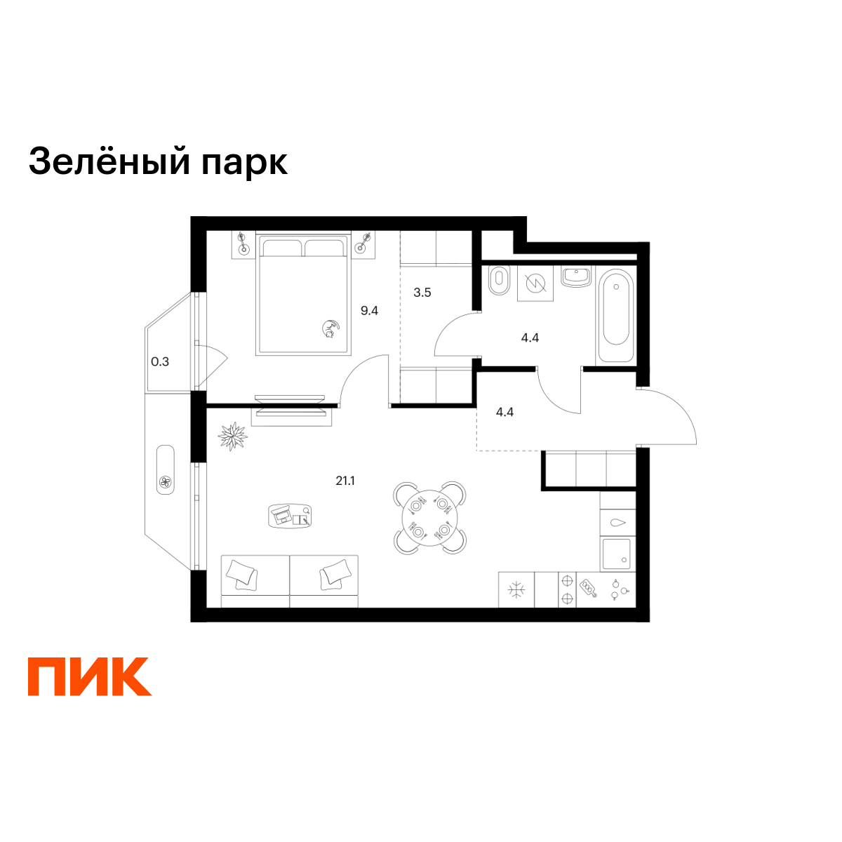 1-комнатная, 43.1 м2, Зелёный Парк 1-комнатная, 43.1 м2, Зелёный Парк
