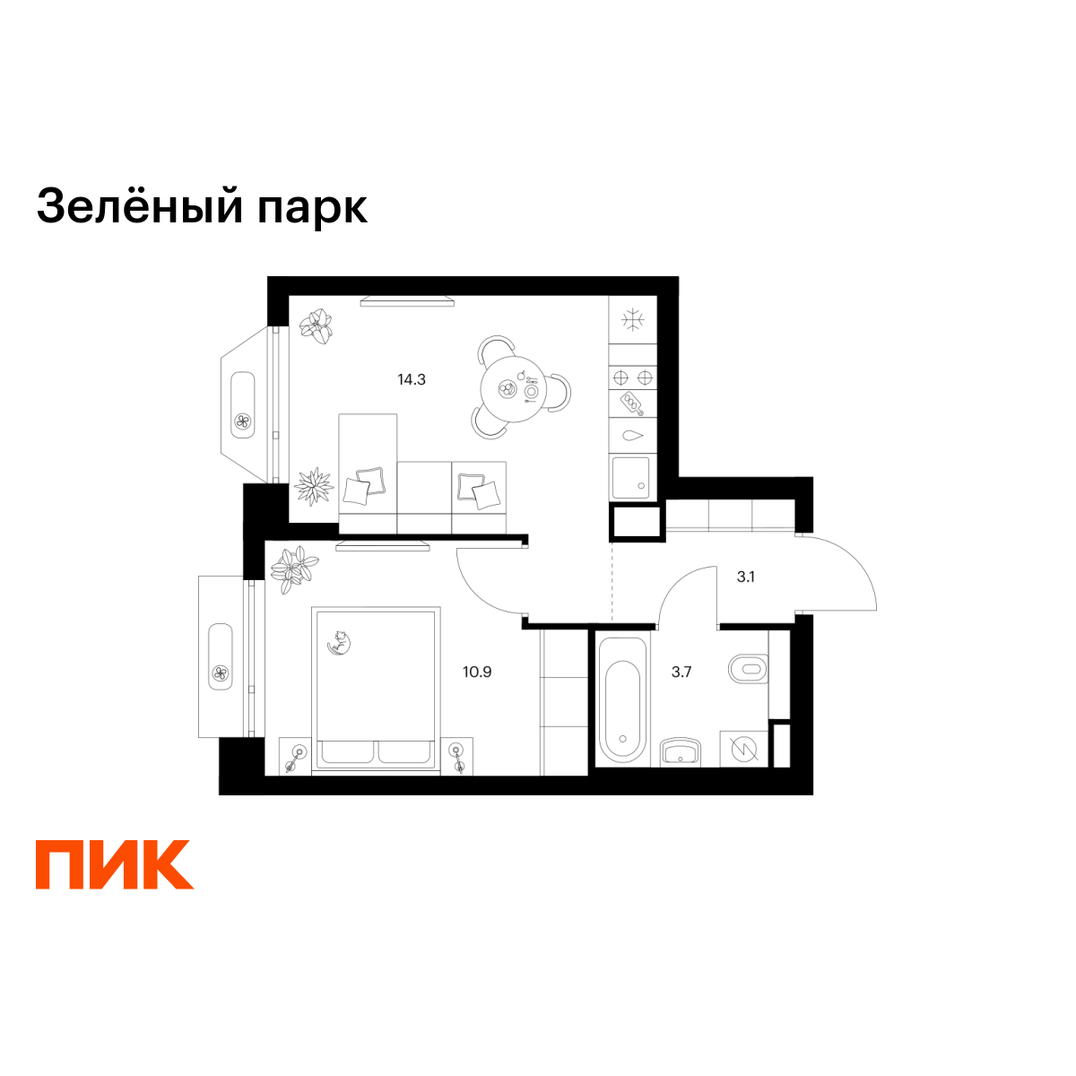 1-комнатная, 32 м2, Зелёный Парк