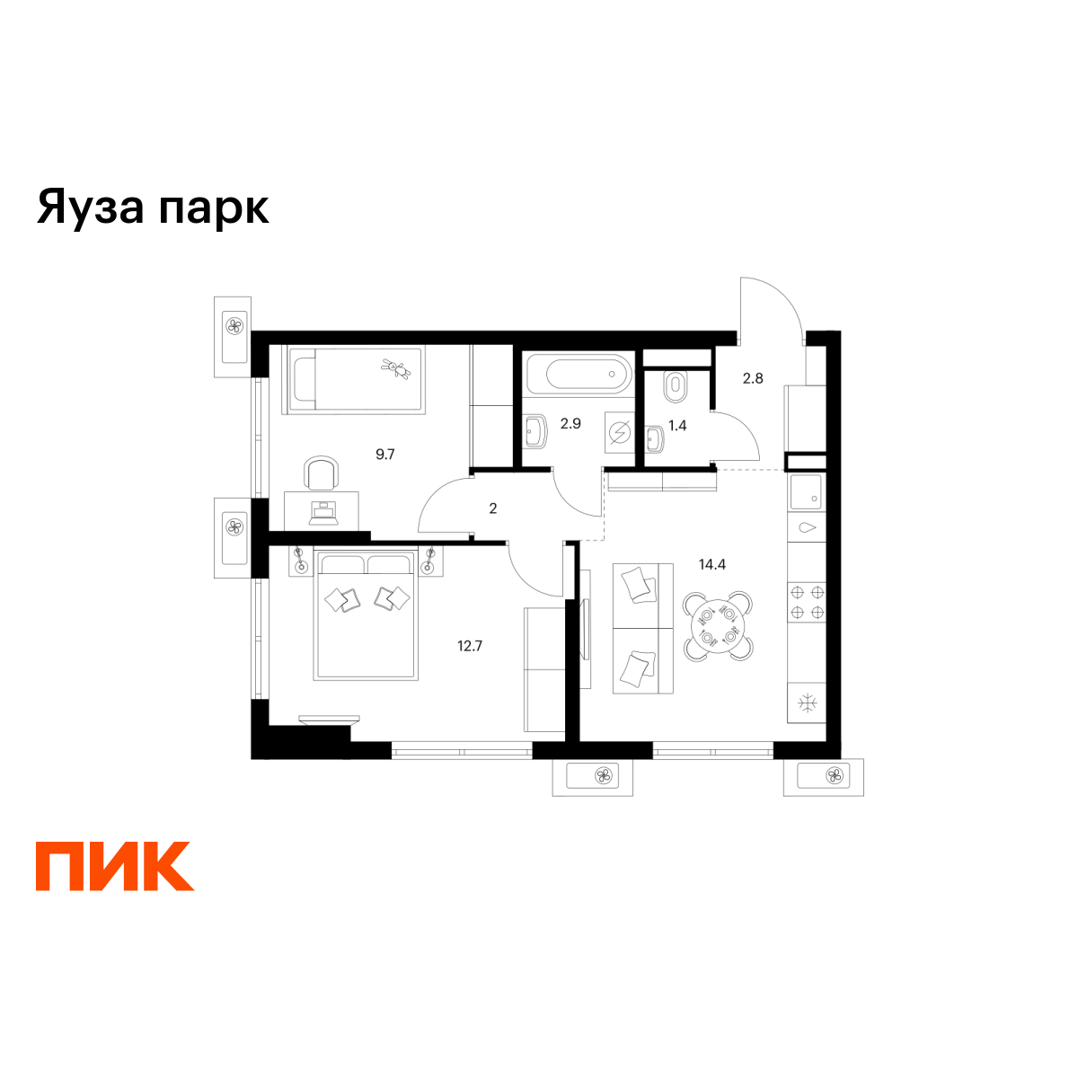 2-комнатная квартира, 45.9 кв.м, Яуза парк 2-комнатная квартира, 45.9 кв.м, Яуза парк