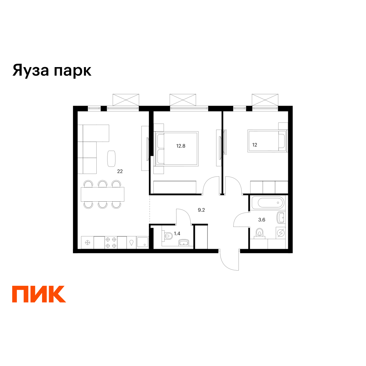 2-комнатная квартира, 61 кв.м, Яуза парк 2-комнатная квартира, 61 кв.м, Яуза парк