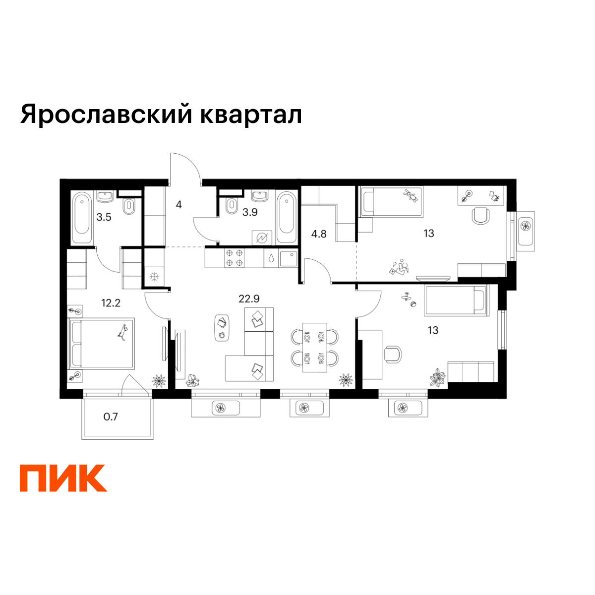 3-комнатная квартира, 78 кв.м, Ярославский квартал 3-комнатная квартира, 78 кв.м, Ярославский квартал