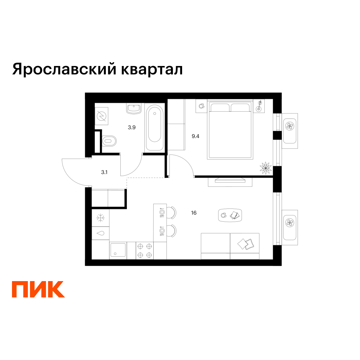 1-комнатная квартира, 32.4 кв.м, Ярославский квартал 1-комнатная квартира, 32.4 кв.м, Ярославский квартал