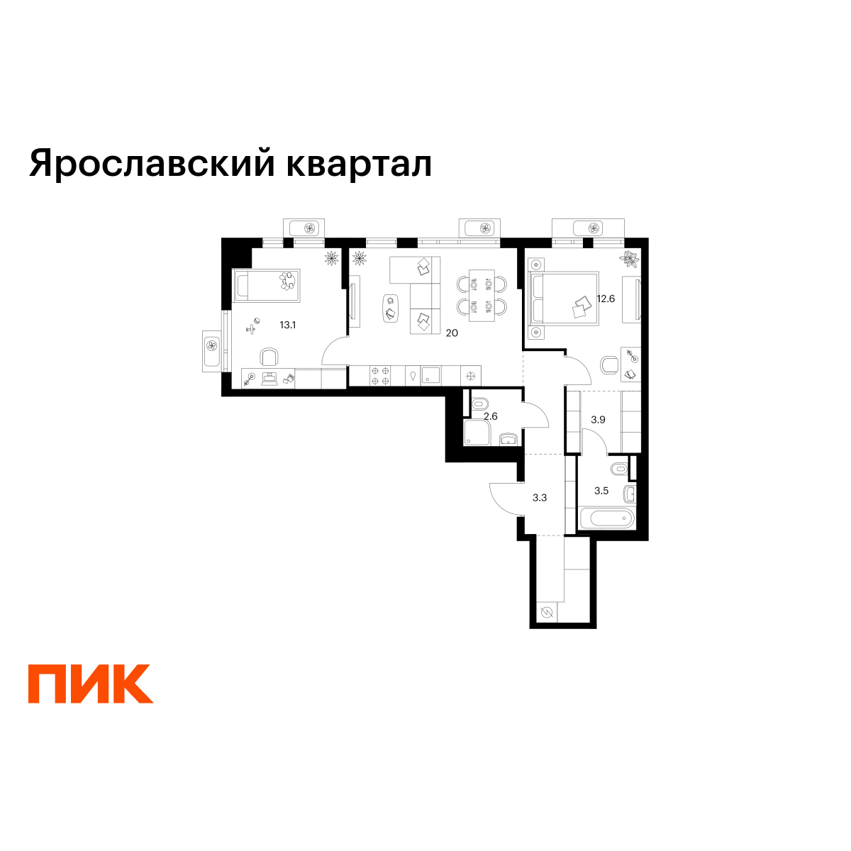 2-комнатная квартира, 66.3 кв.м, Ярославский квартал