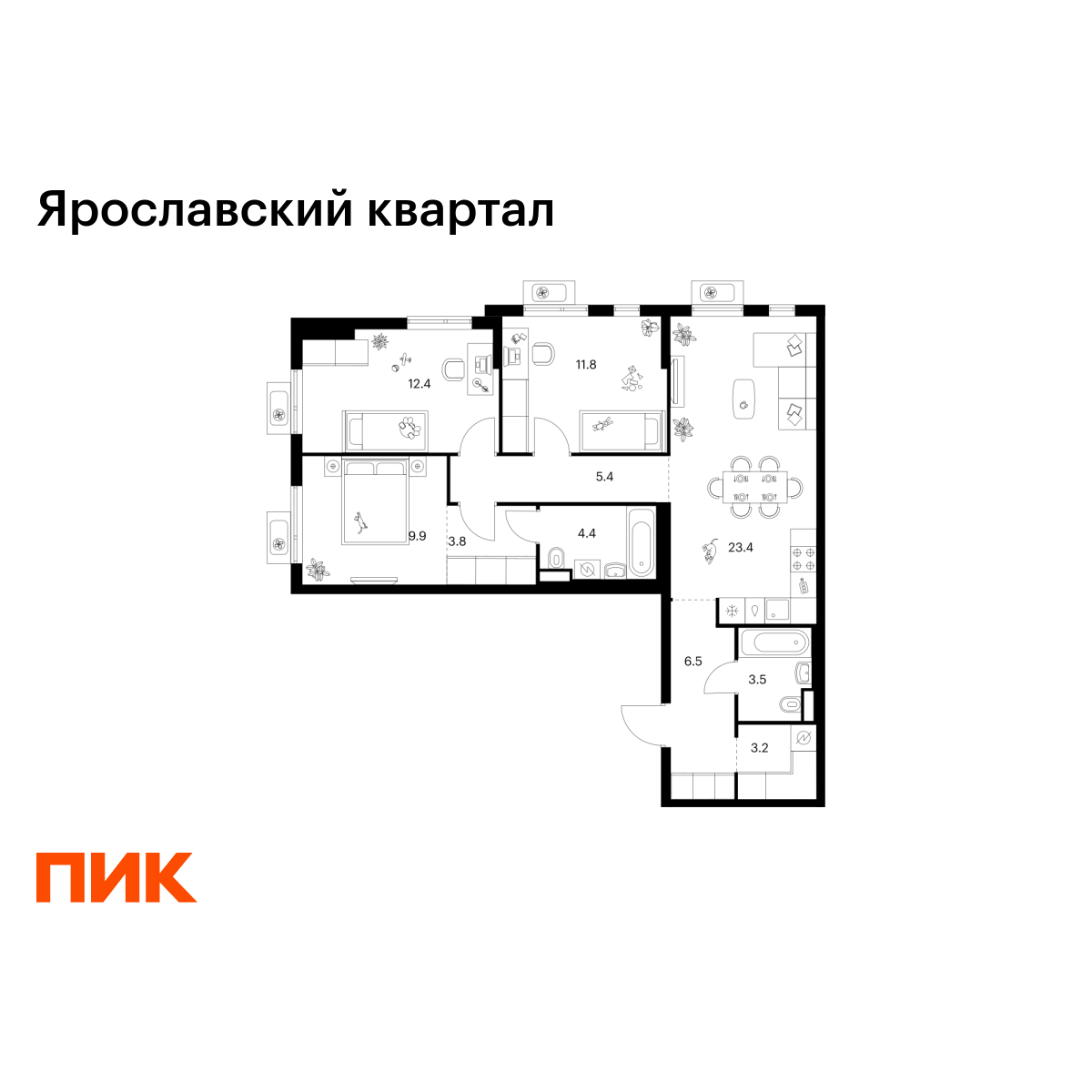3-комнатная, 84.3 м2, Ярославский квартал 3-комнатная, 84.3 м2, Ярославский квартал