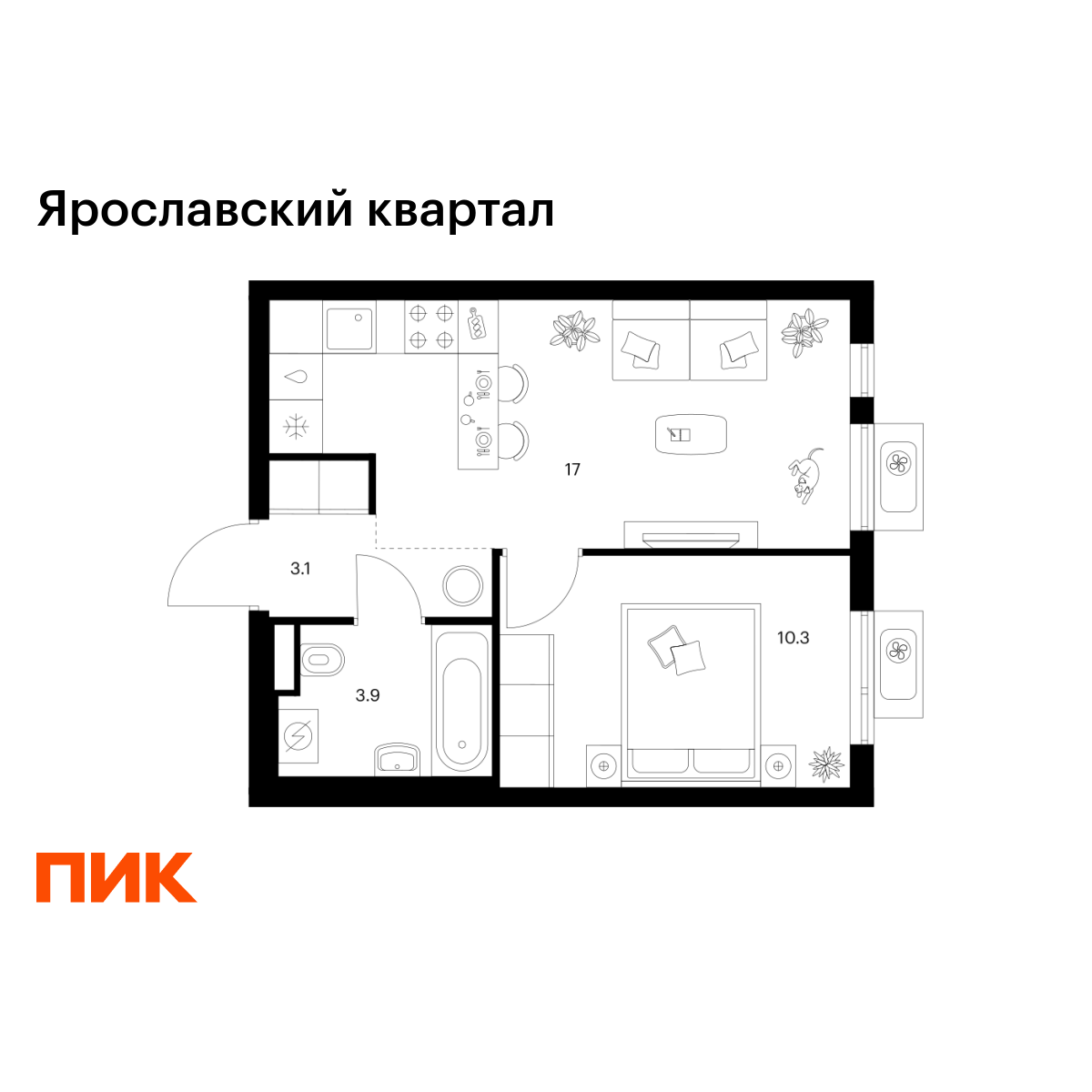 1-комнатная, 34.3 м2, Ярославский квартал 1-комнатная, 34.3 м2, Ярославский квартал