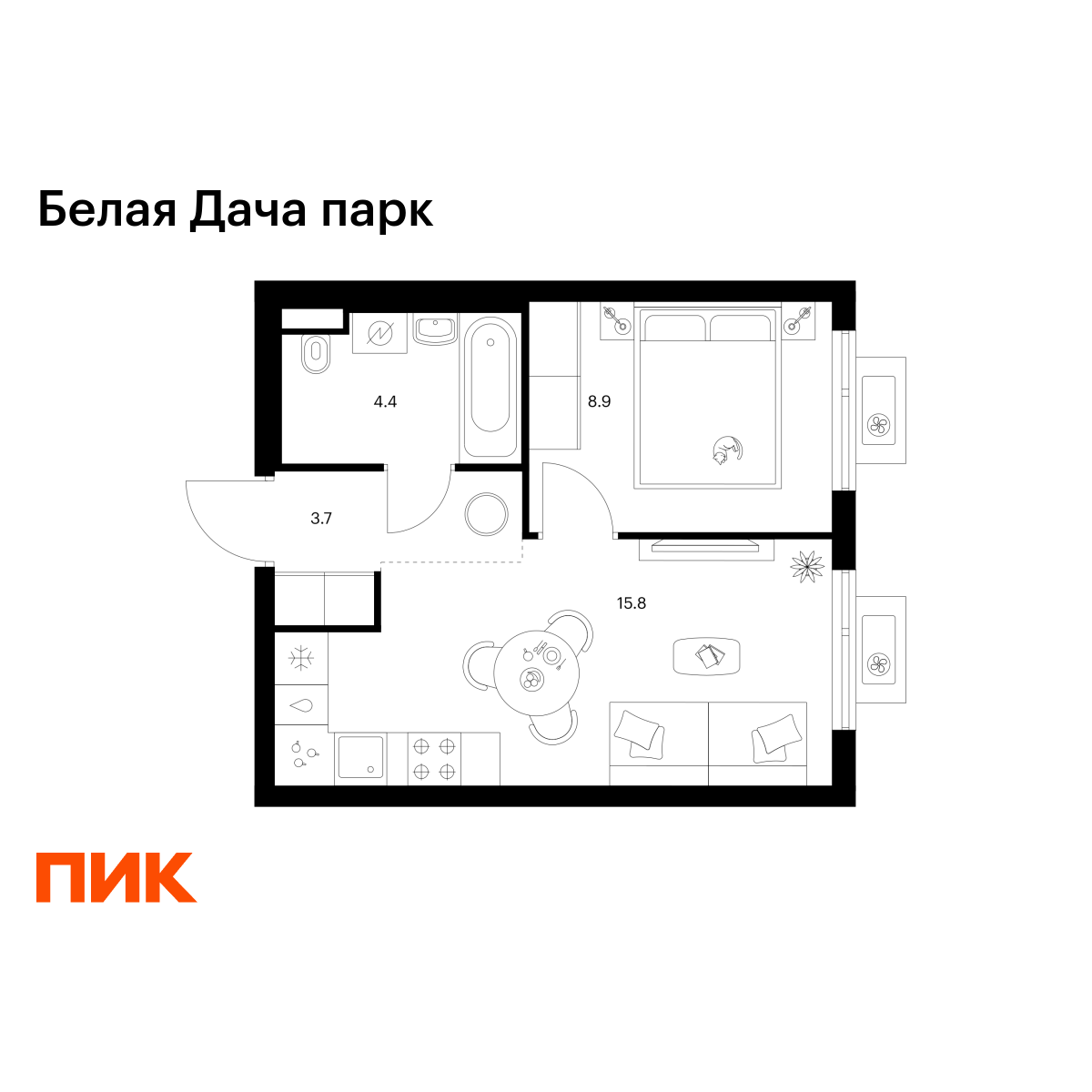 1-комнатная квартира, 32.8 кв.м, Белая Дача парк