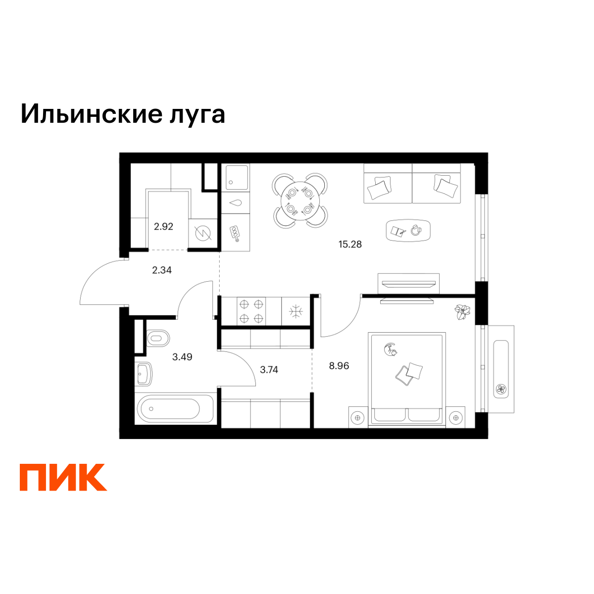 1-комнатная, 36.73 м2, Ильинские луга