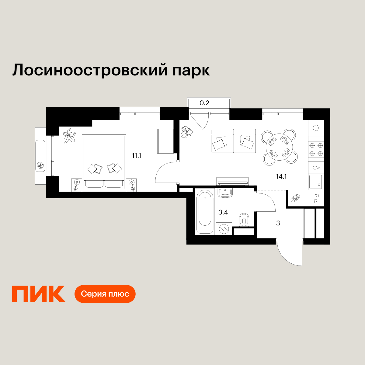 1-комнатная, 31.8 м2, Лосиноостровский парк