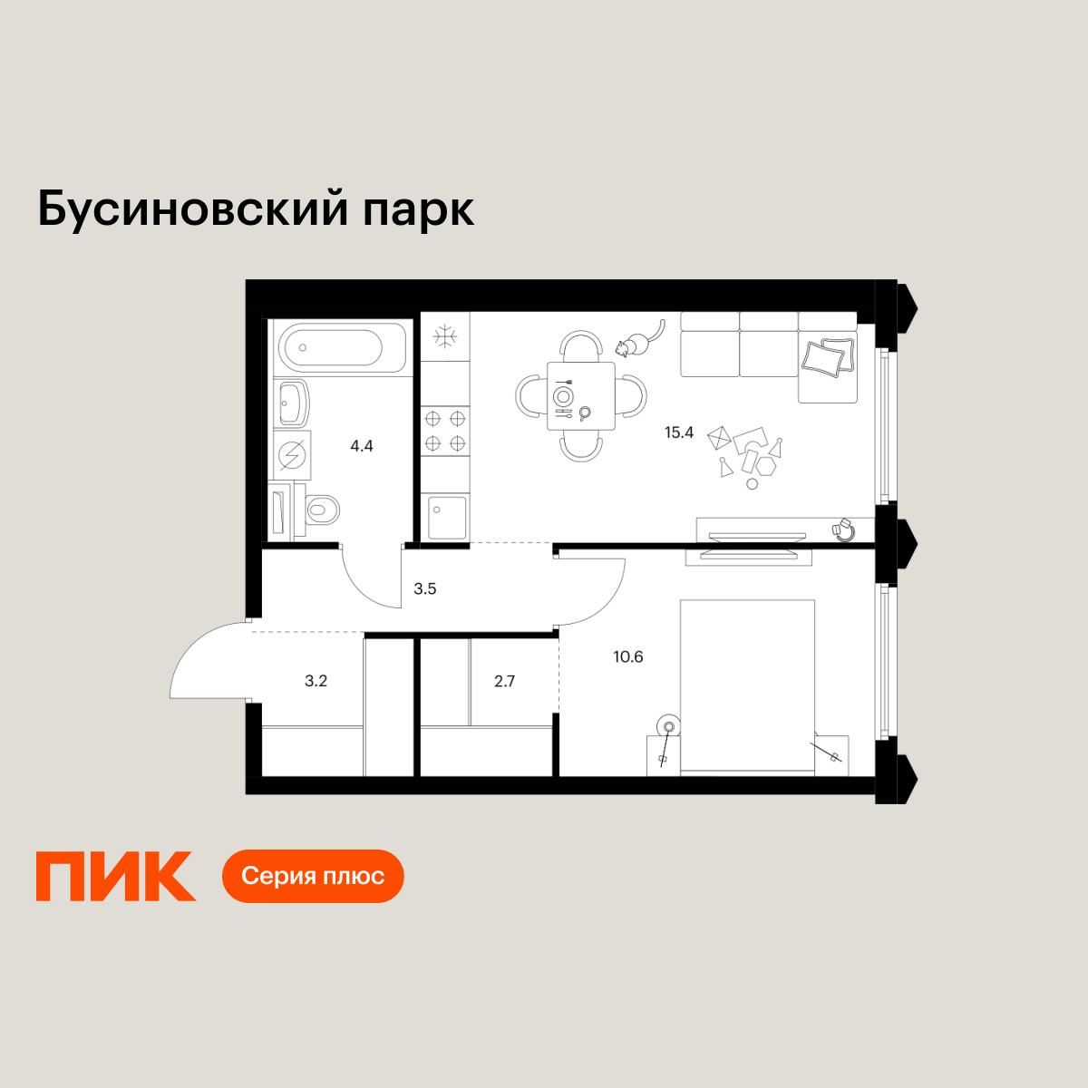 1-комнатная, 39.8 м2, Бусиновский парк