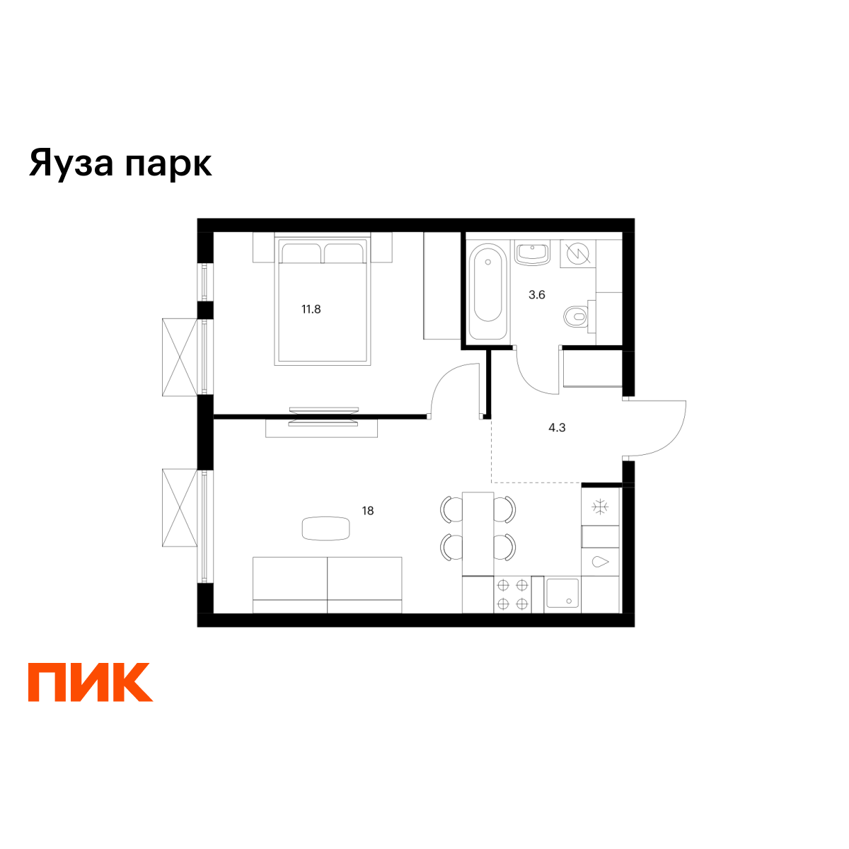 1-комнатная, 37.3 м2, Яуза парк 1-комнатная, 37.3 м2, Яуза парк