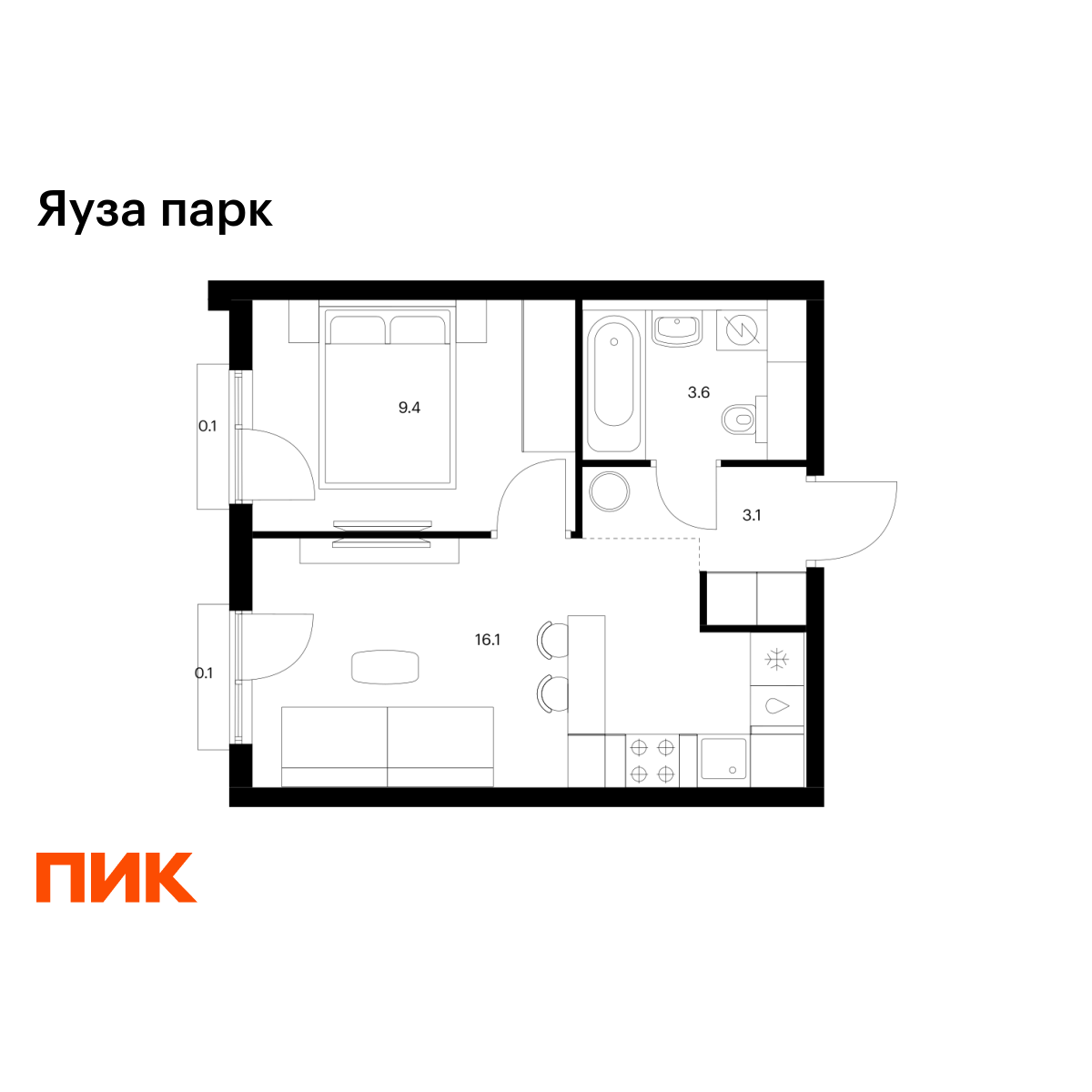 1-комнатная квартира, 32.2 кв.м, Яуза парк