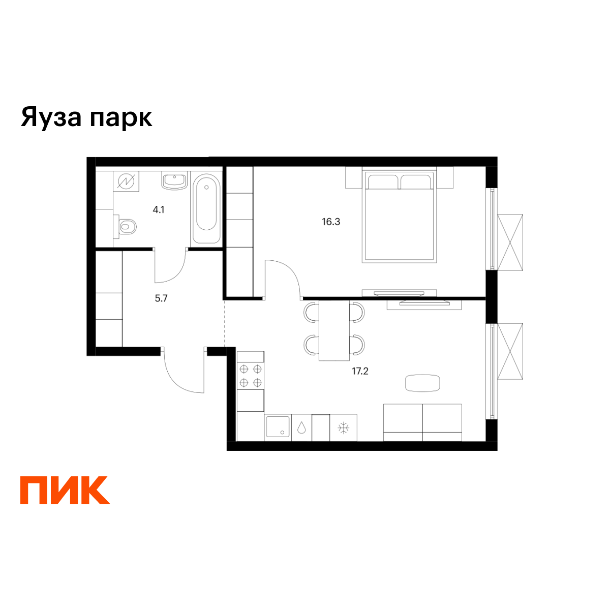 1-комнатная квартира, 43.3 кв.м, Яуза парк