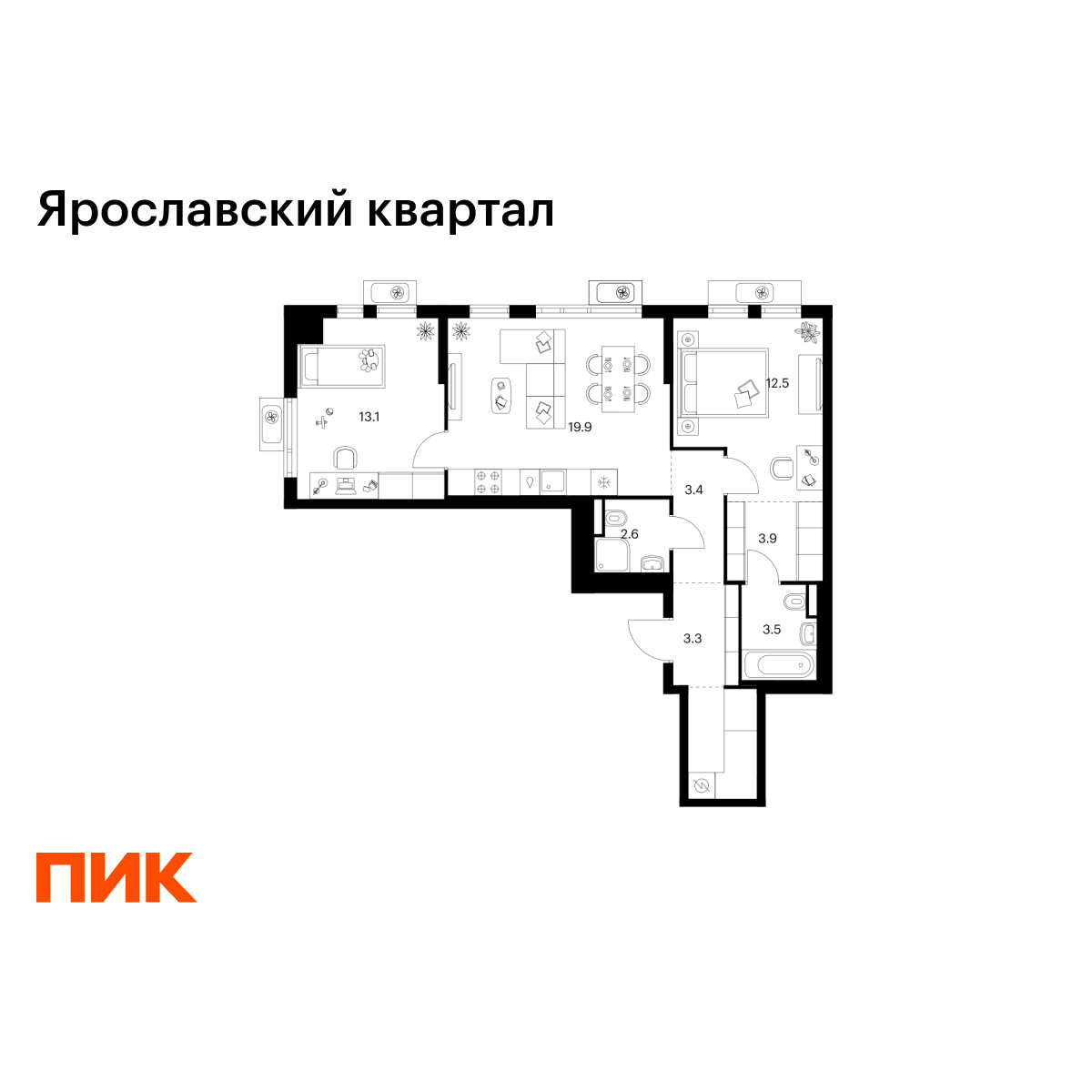 2-комнатная, 66.1 м2, Ярославский квартал