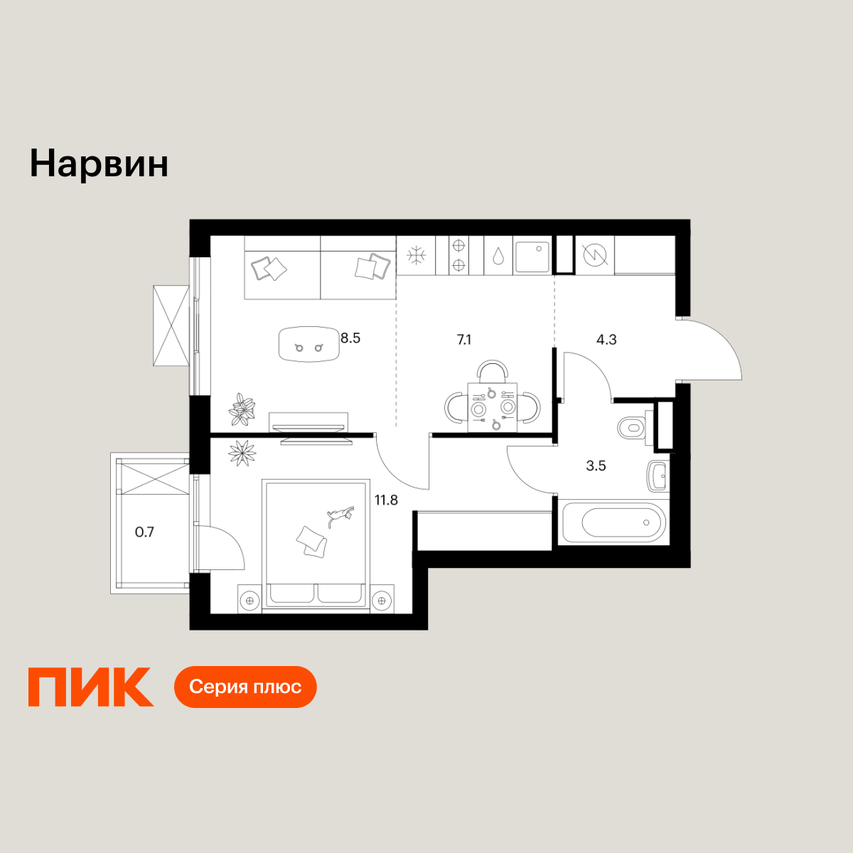 1-комнатная, 35.9 м2, Нарвин 1-комнатная, 35.9 м2, Нарвин