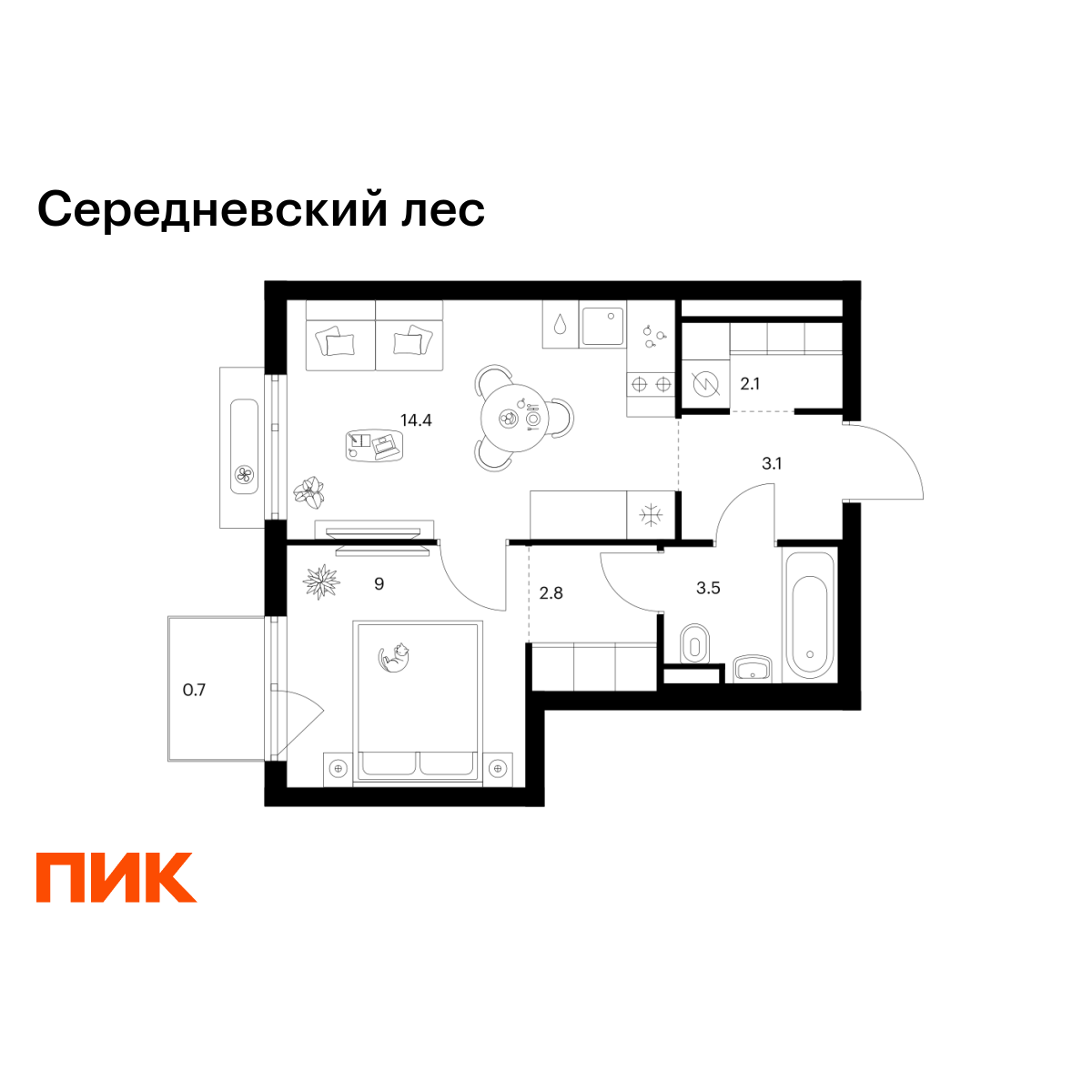 1-комнатная, 35.6 м2, Середневский лес