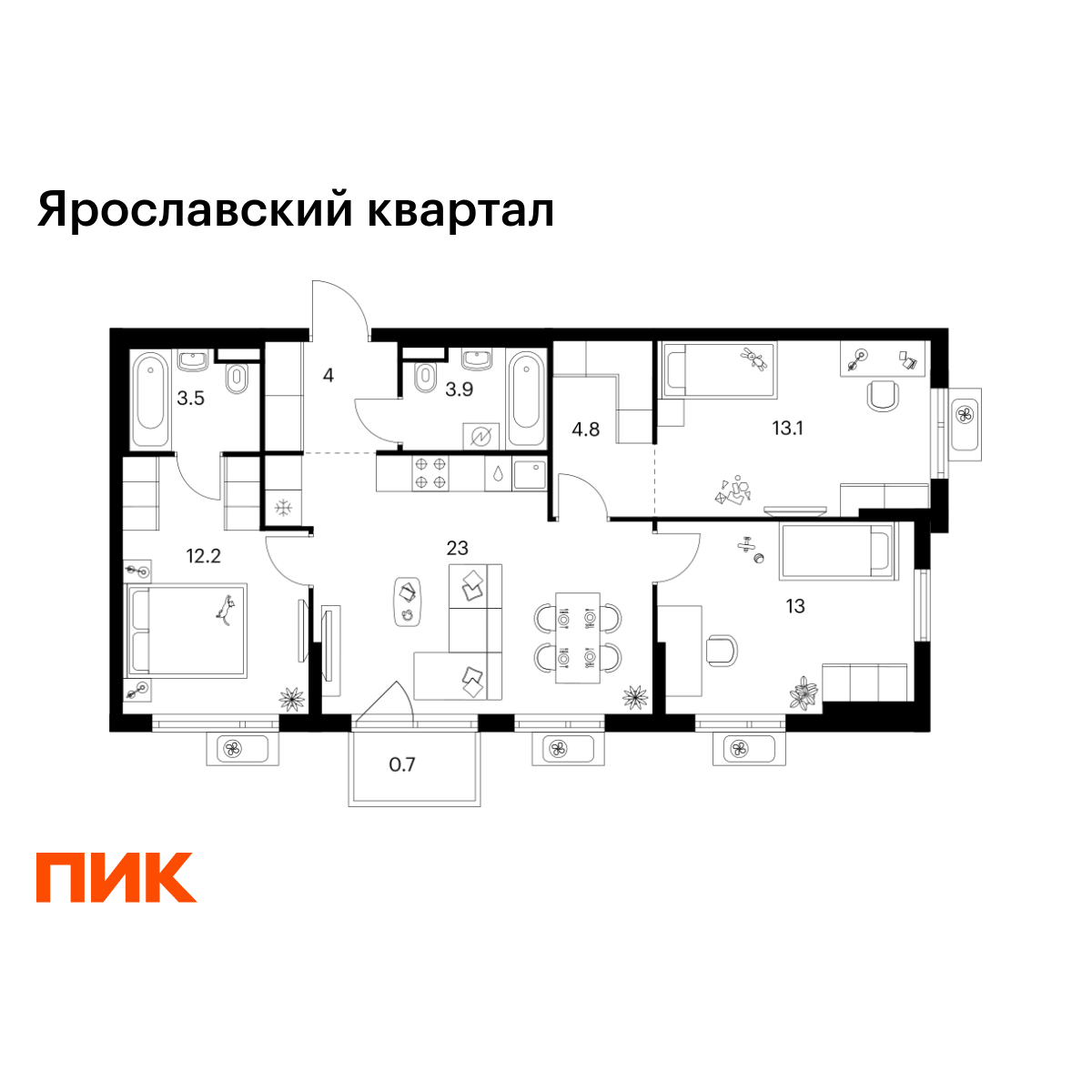 3-комнатная квартира, 78.2 кв.м, Ярославский квартал 3-комнатная квартира, 78.2 кв.м, Ярославский квартал