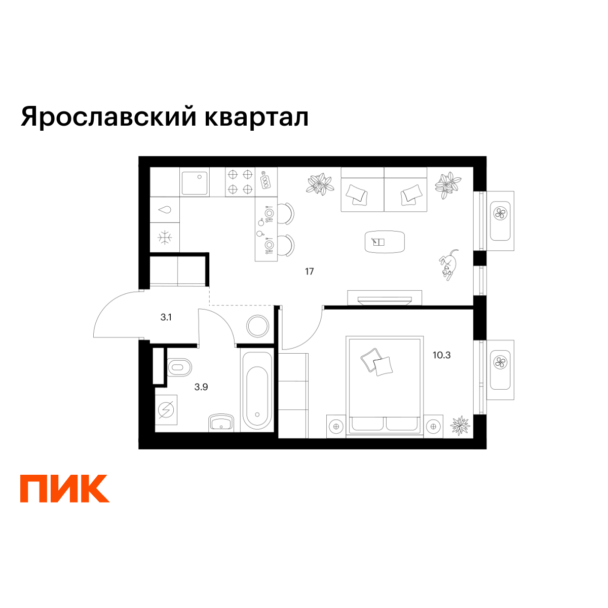 1-комнатная квартира, 34.3 кв.м, Ярославский квартал 1-комнатная квартира, 34.3 кв.м, Ярославский квартал