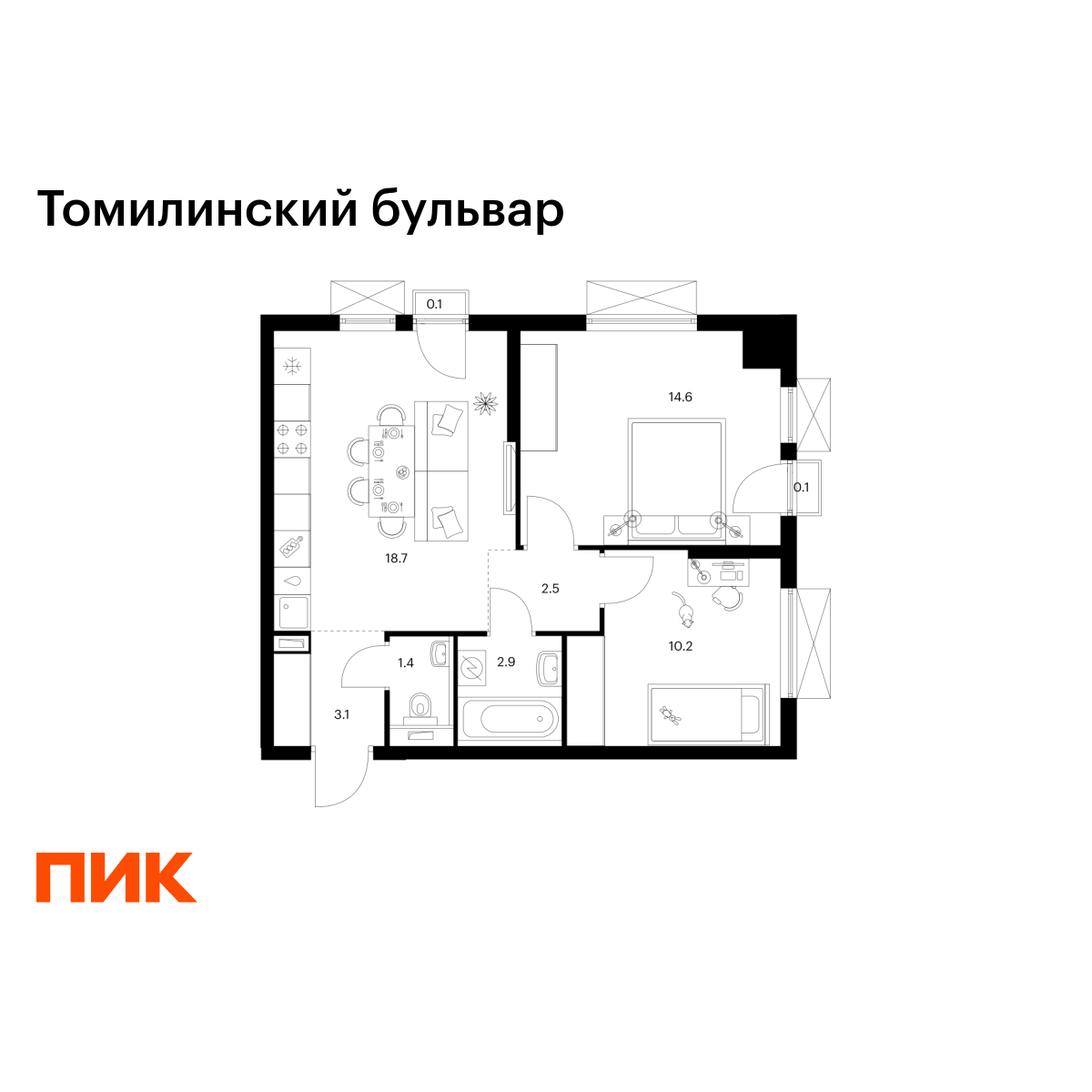 2-комнатная, 53.6 м2, Томилинский бульвар