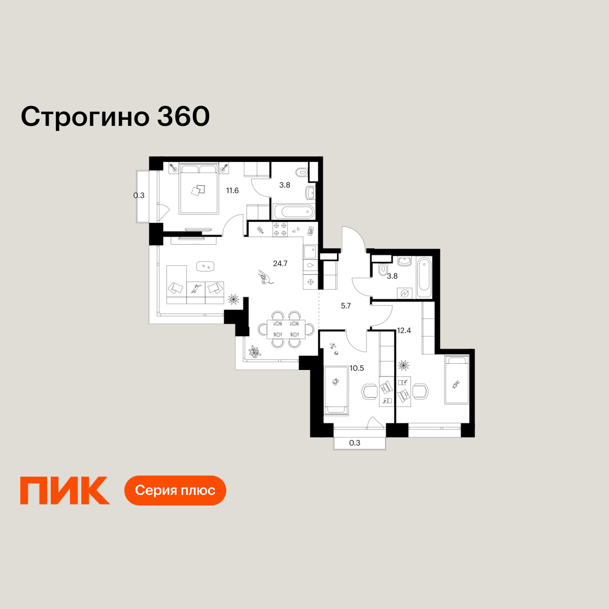 3-комнатная квартира, 73.1 кв.м, Строгино 360