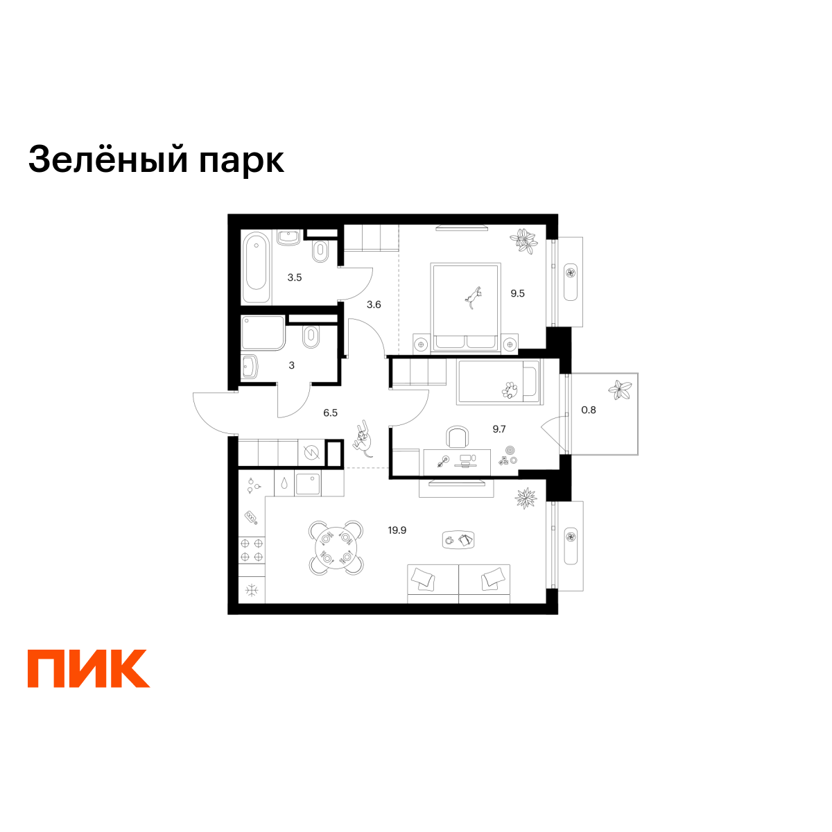 2-комнатная, 56.5 м2, Зелёный Парк 2-комнатная, 56.5 м2, Зелёный Парк